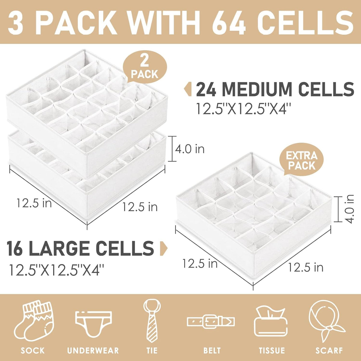 Criusia 3 Pack Sock Underwear Drawer Organizer Dividers, 64 Cell Fabric Foldable Cabinet Closet