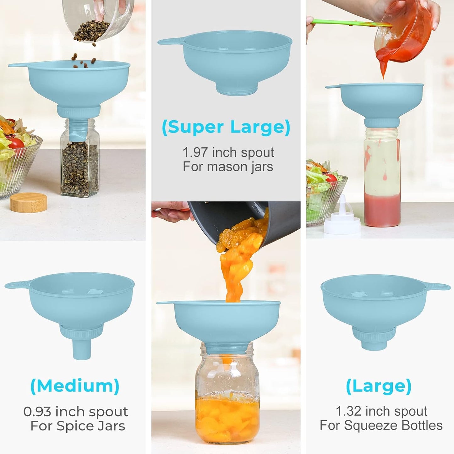 Wide Mouth Kitchen Funnel, Food Grade Plastic Cooking Canning Funnel with 4 Sizes Spouts for