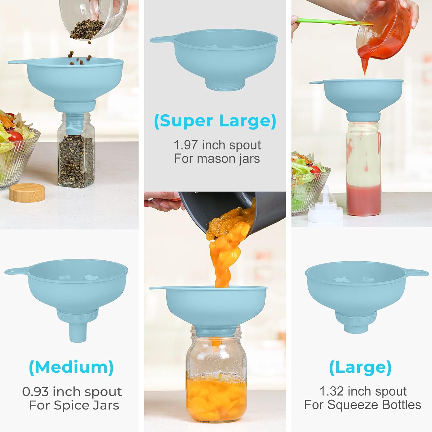 Wide Mouth Kitchen Funnel, Food Grade Plastic Cooking Canning Funnel with 4 Sizes Spouts for