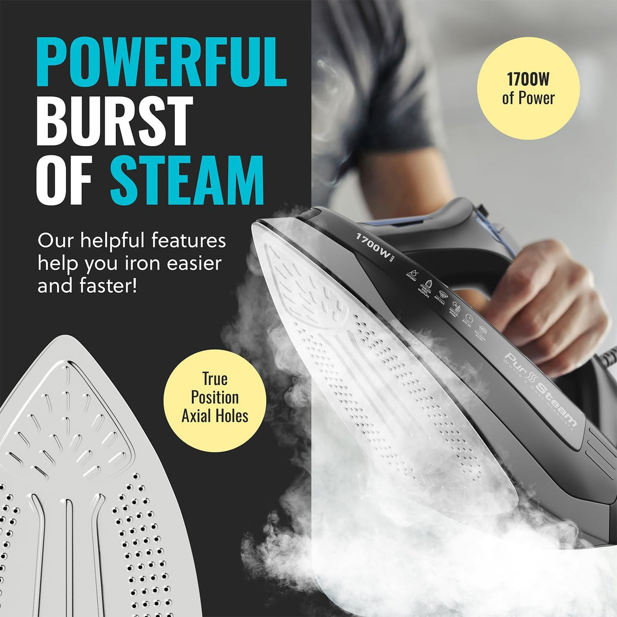Pursteam Steam Iron for Clothes 1700W with Self-Cleaning Nonstick Stainless Steel Soleplate, Auto