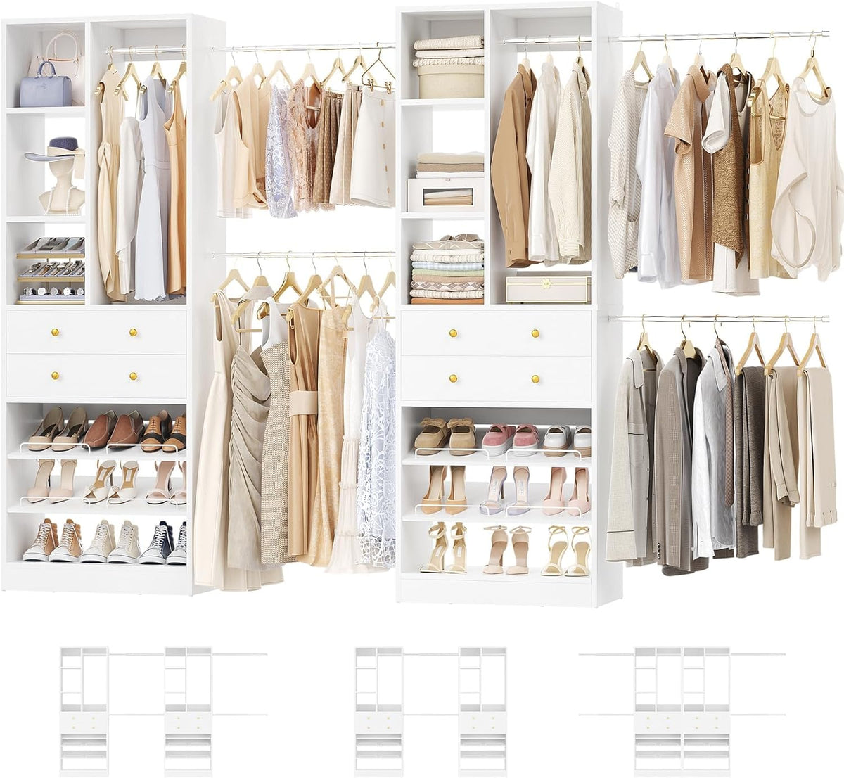 Closet System, Up to 134"/11.2 FT Closet Organizer with 4 Wooden Drawers and Shelves, Walk-in