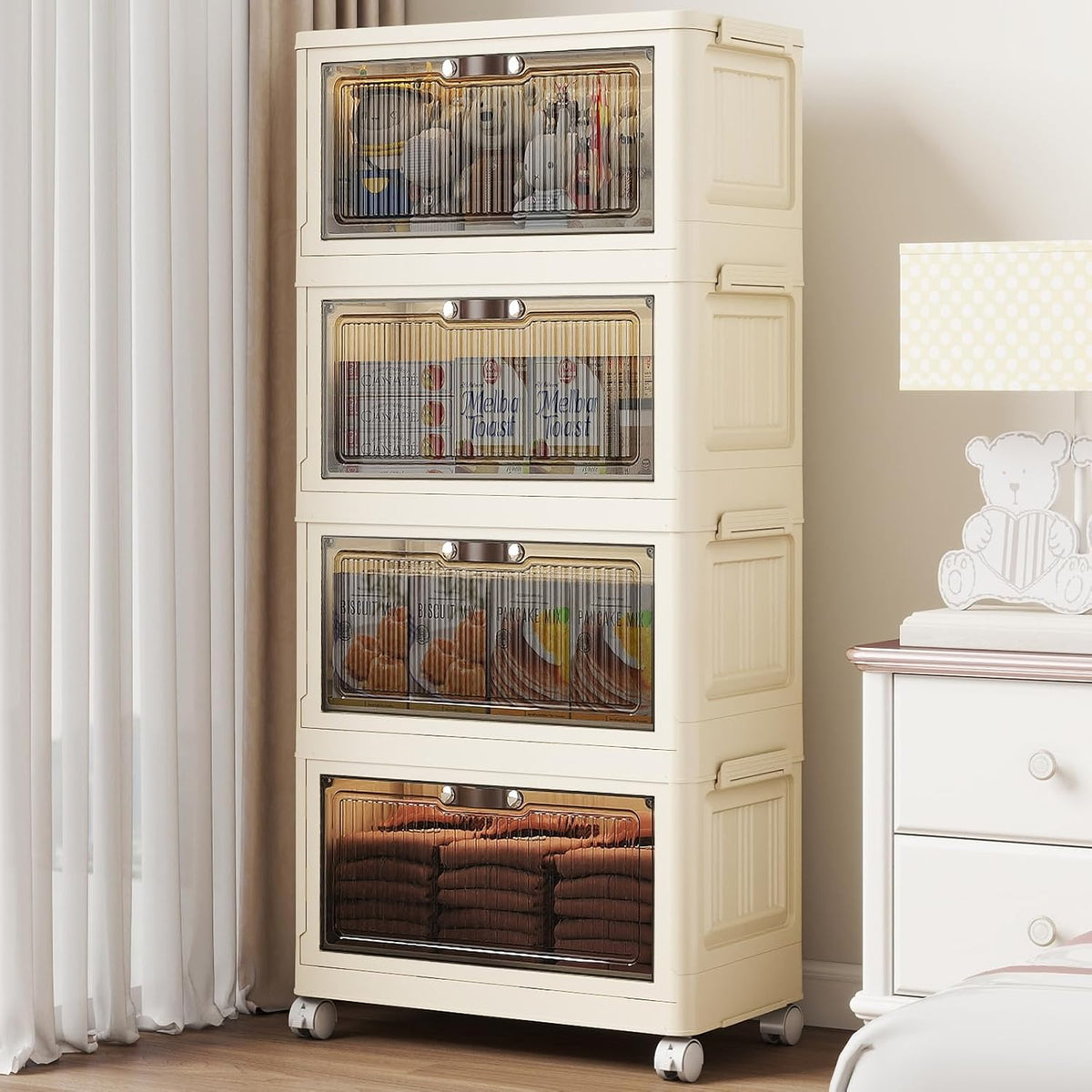 4 Tier - 48QT Storage Bins with Lids, Collapsible Storage Bins with Doors and Wheels, Plastic