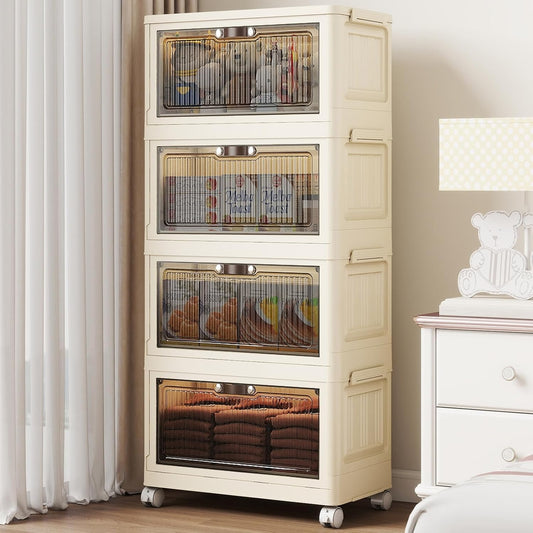 4 Tier - 34QT Storage Bins with Lids, Collapsible Storage Bins with Doors and Wheels, Plastic