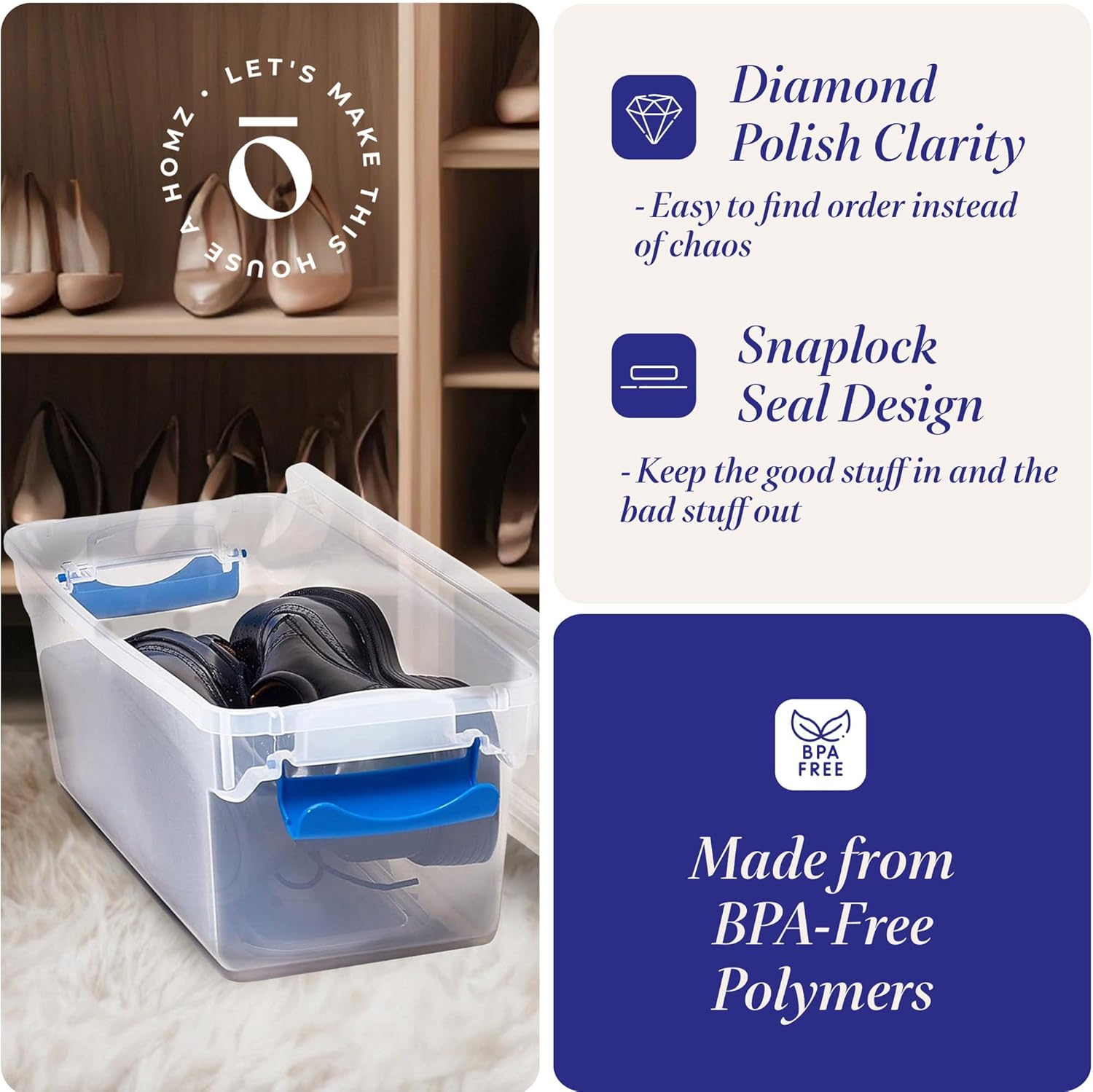 HOMZ 5-Pack Latching Lid, Clear Plastic Storage Organizer Bins, 7.5 Quart, Blue Latch - Stackable