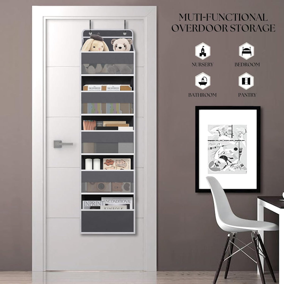 Over Door Organizer with 5 Large Pockets, Heavy Duty Hanging Organizer Storage, Closet Bathroom