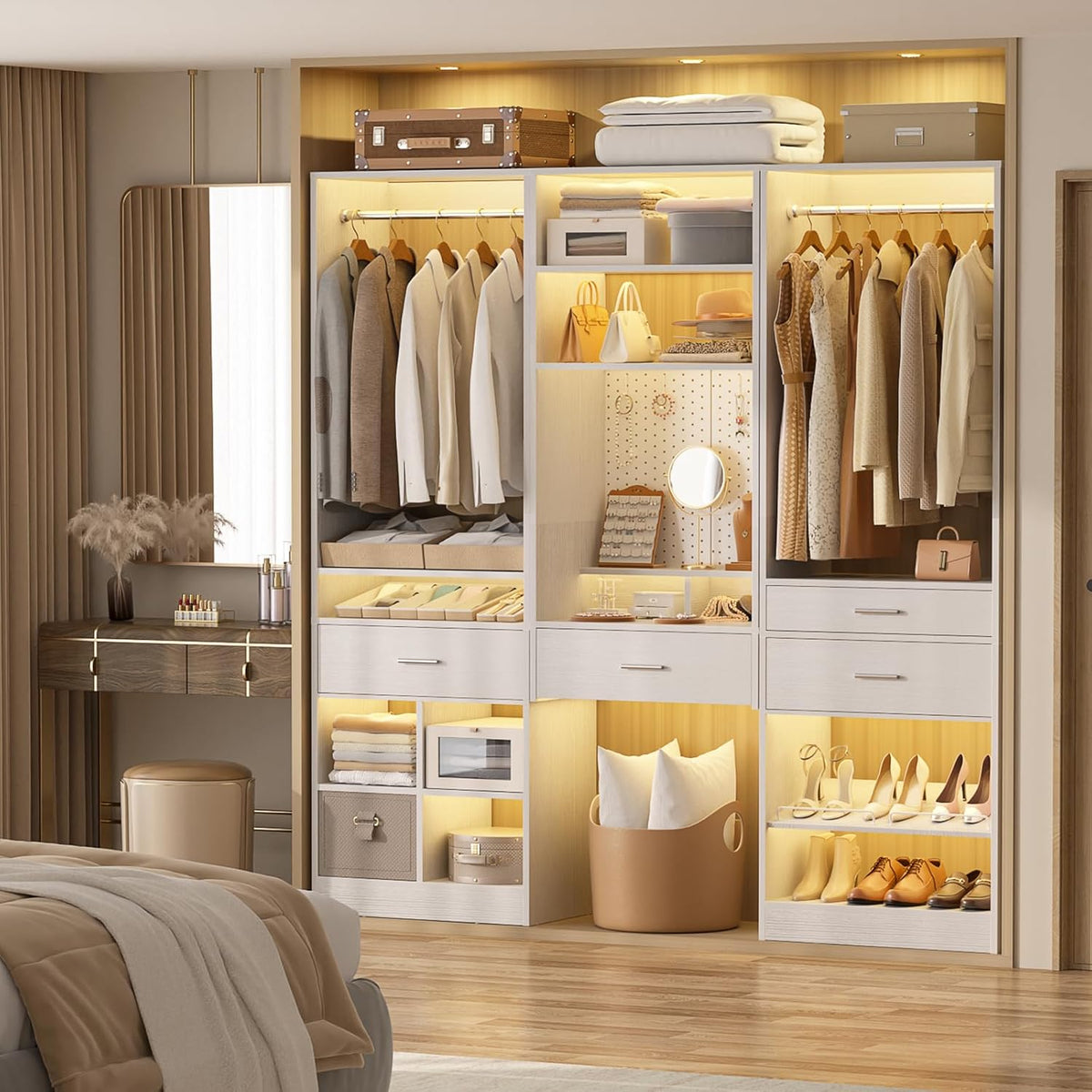 Unikito 75” Modular Closet System, Freestanding Closet Organizer with Hanging Rods and Drawers