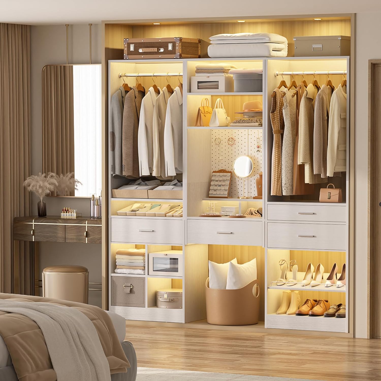 Unikito 75” Modular Closet System, Freestanding Closet Organizer with Hanging Rods and Drawers