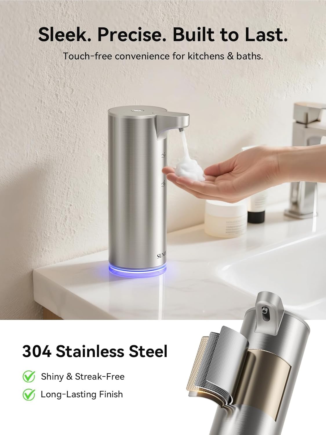 SUNLY Automatic Foam Soap Dispenser, 0.2s Fast Sensor, USB-C Rechargeable, Smudge-Resistant