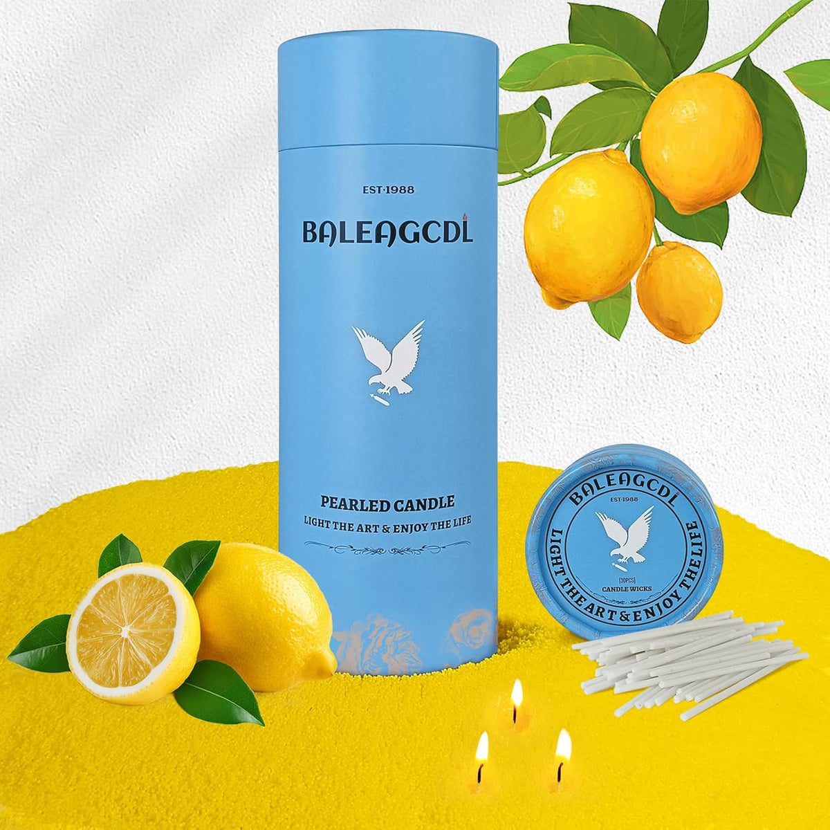 Lemon Scented Yellow Pearled Candle 18oz Luxury Sand Candle Granulated Wax - 30 Cotton Wicks - Wax