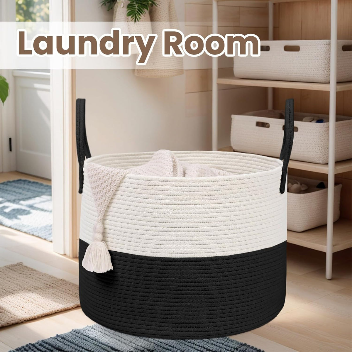 Woven Blanket Basket,65L Large Rope Storage Bin with Handles, Organizer for Blankets Toys Book and