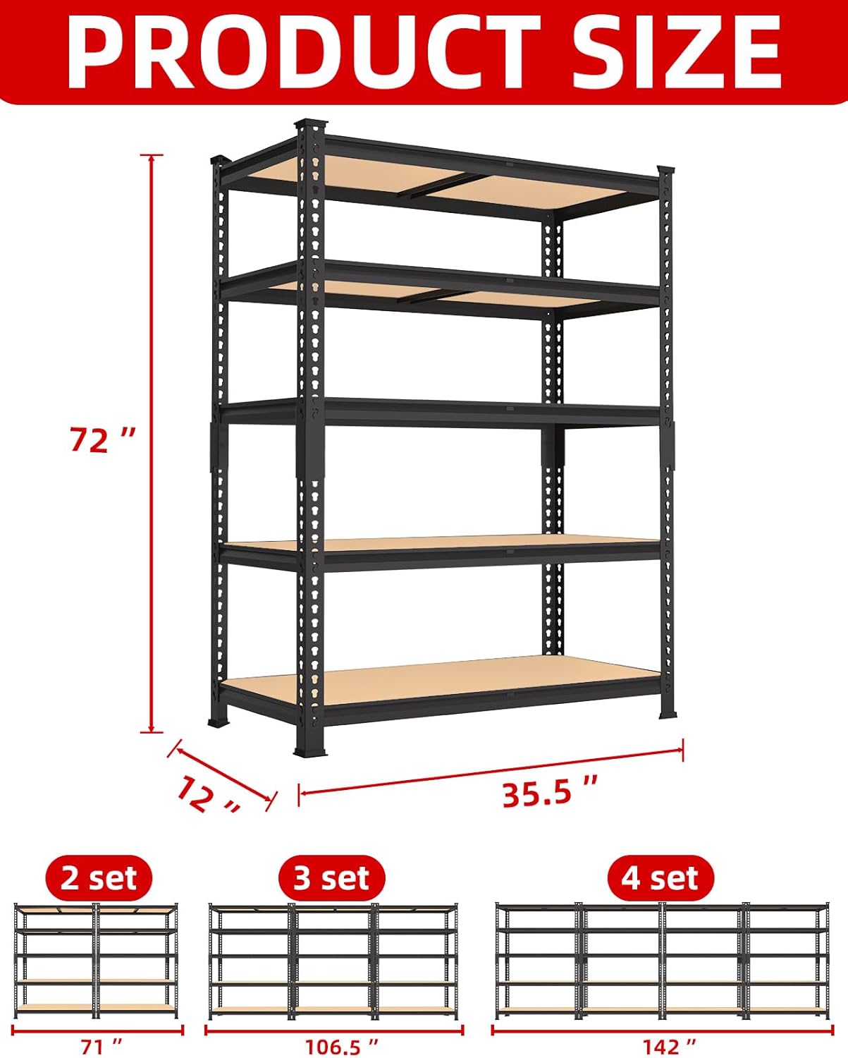 PrimeZone 35.5" x 12" x 72" Heavy Duty Storage Shelves - 5 Tier Adjustable Garage Storage Shelving