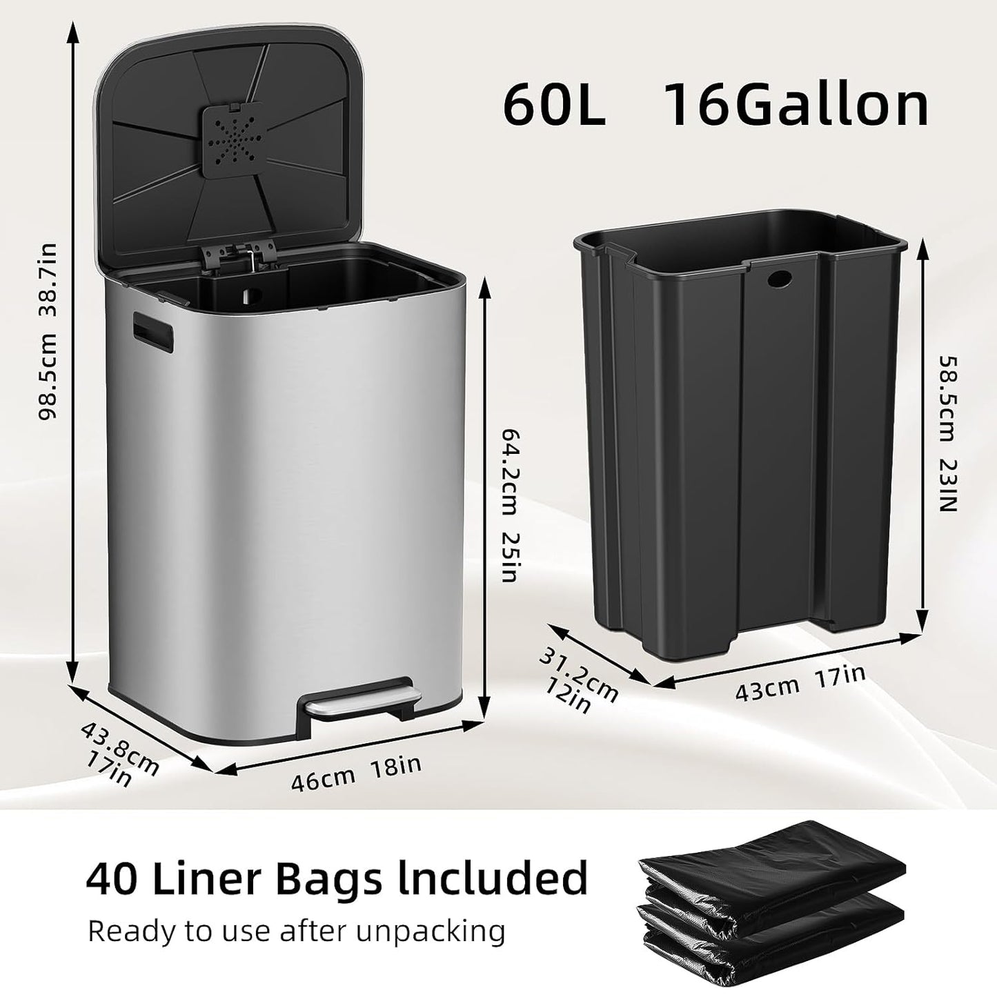 KUK 16 Gallon Kitchen Trash Can with Lid, Heavy Duty Hands-Free Stainless Steel Commercial Step