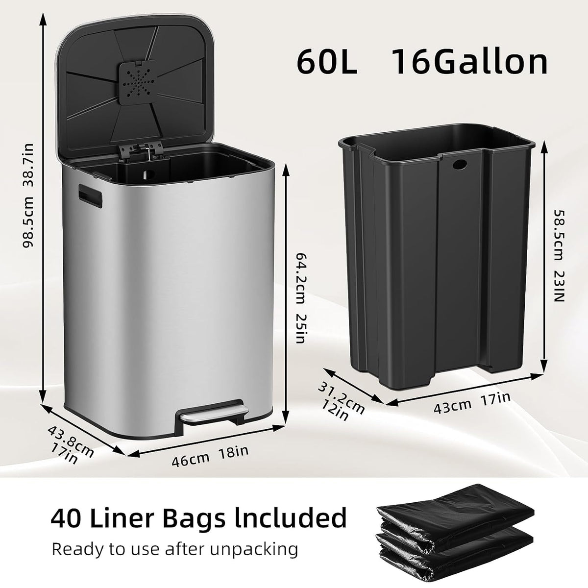KUK 16 Gallon Kitchen Trash Can with Lid, Heavy Duty Hands-Free Stainless Steel Commercial Step
