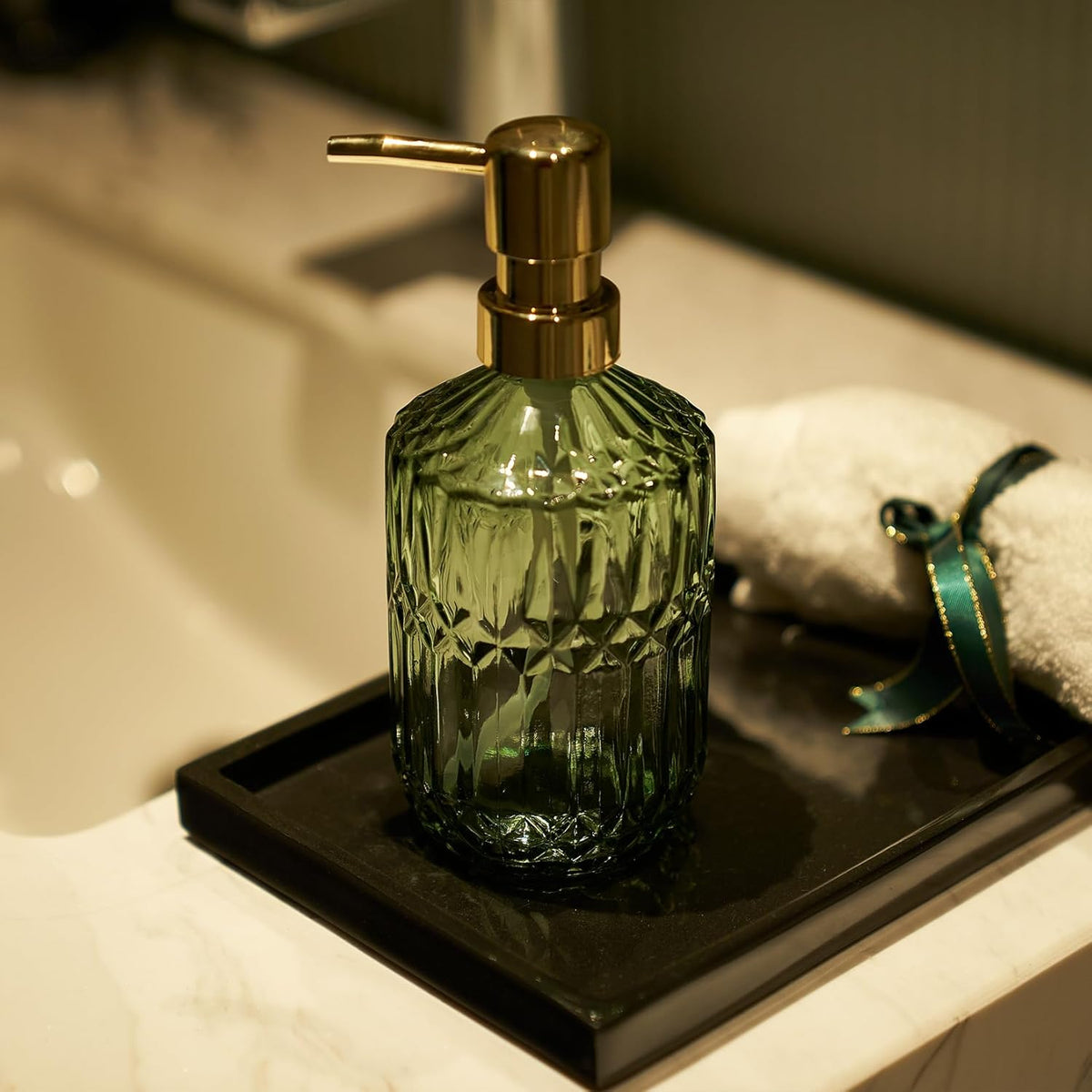 Glass Soap Dispenser Green Bottle Gold Plastic Pump Refillable Kitchen Sink Countertop Hand Dish