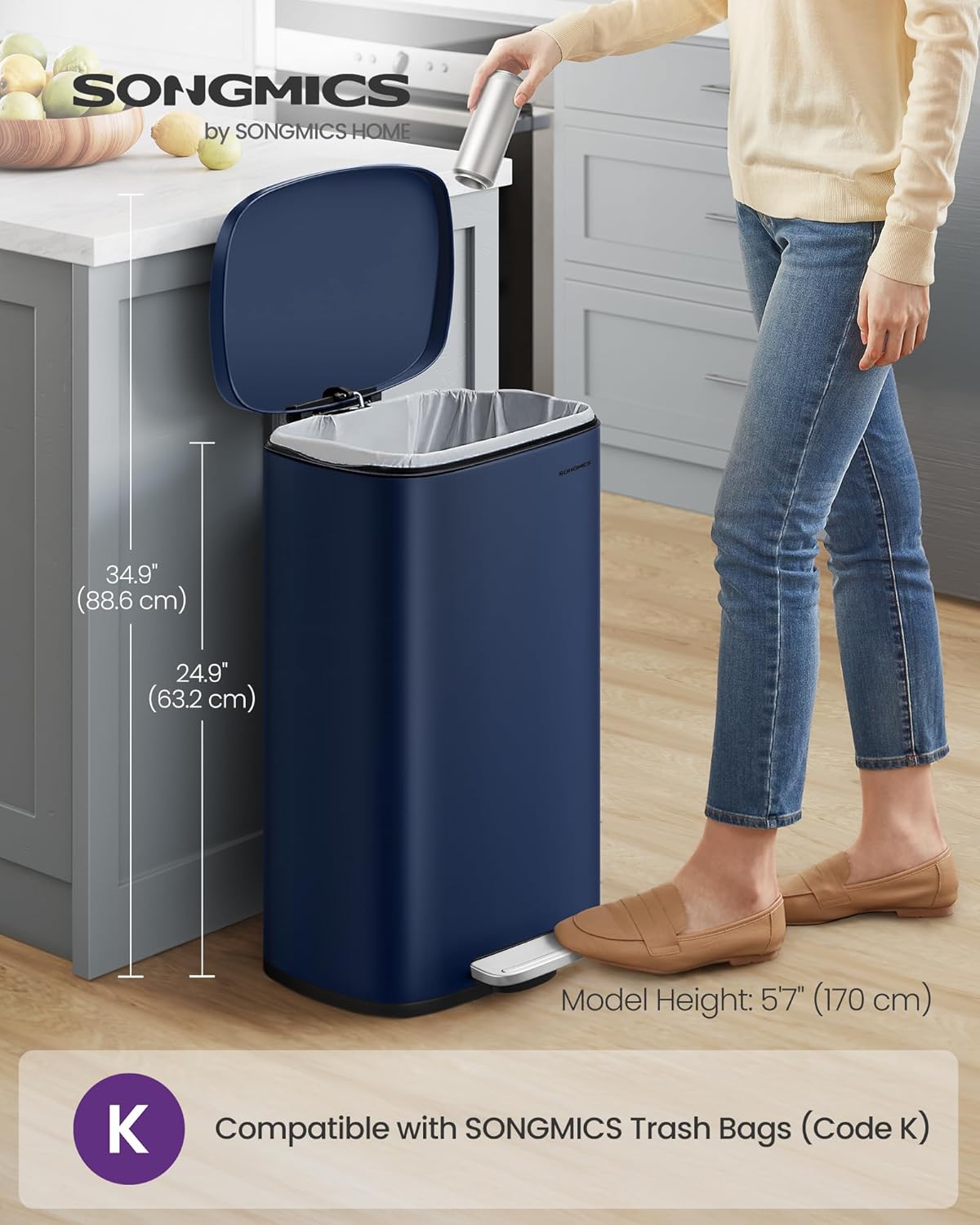 SONGMICS 13 Gallon (50 L) Trash Can, Stainless Steel Kitchen Garbage Can, Recycling or Waste Bin