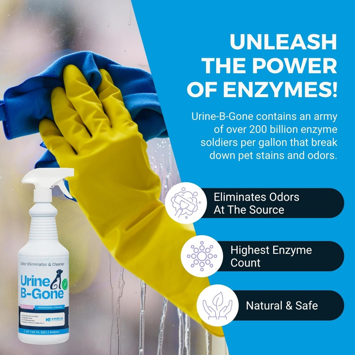 KINZUA ENVIRONMENTAL Urine B-Gone, Professional Enzyme Odor Eliminator & Pet Stain Remover, Human