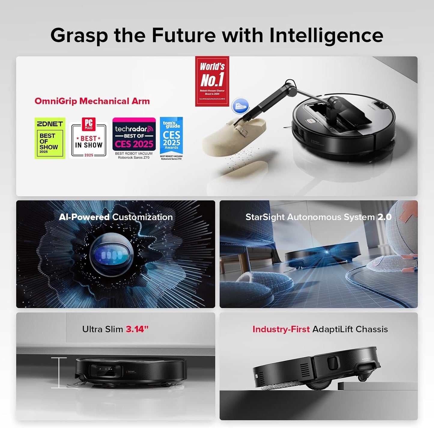 roborock Saros Z70 Robot Vacuum and Mop, OmniGrip Arm, AI-Powered, 22,000Pa Suction, 3.14’’ Ultra