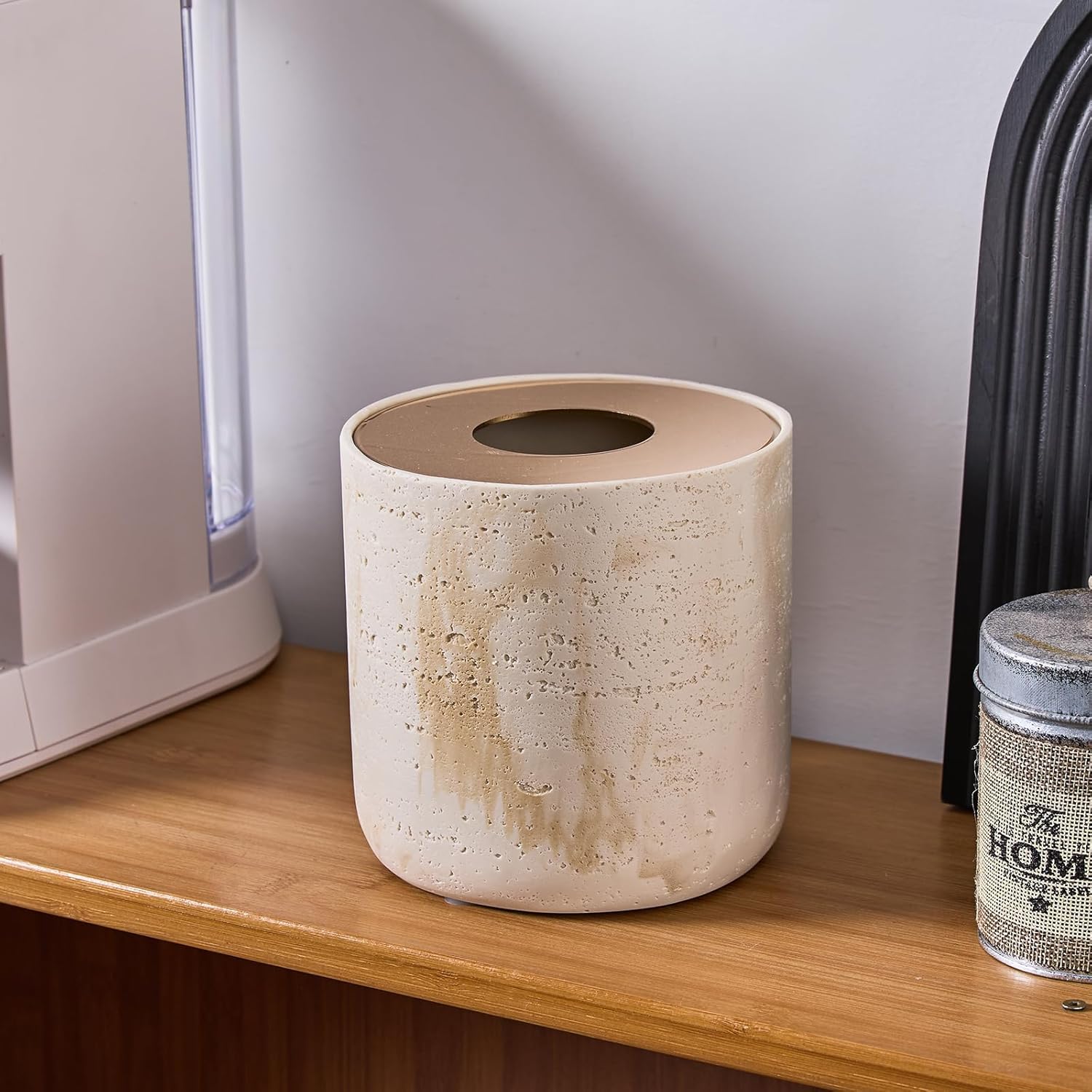 Natural Travertine Textures Mini Trash Can with Rose Gold Stainless Steel Lid, Mini Countertop