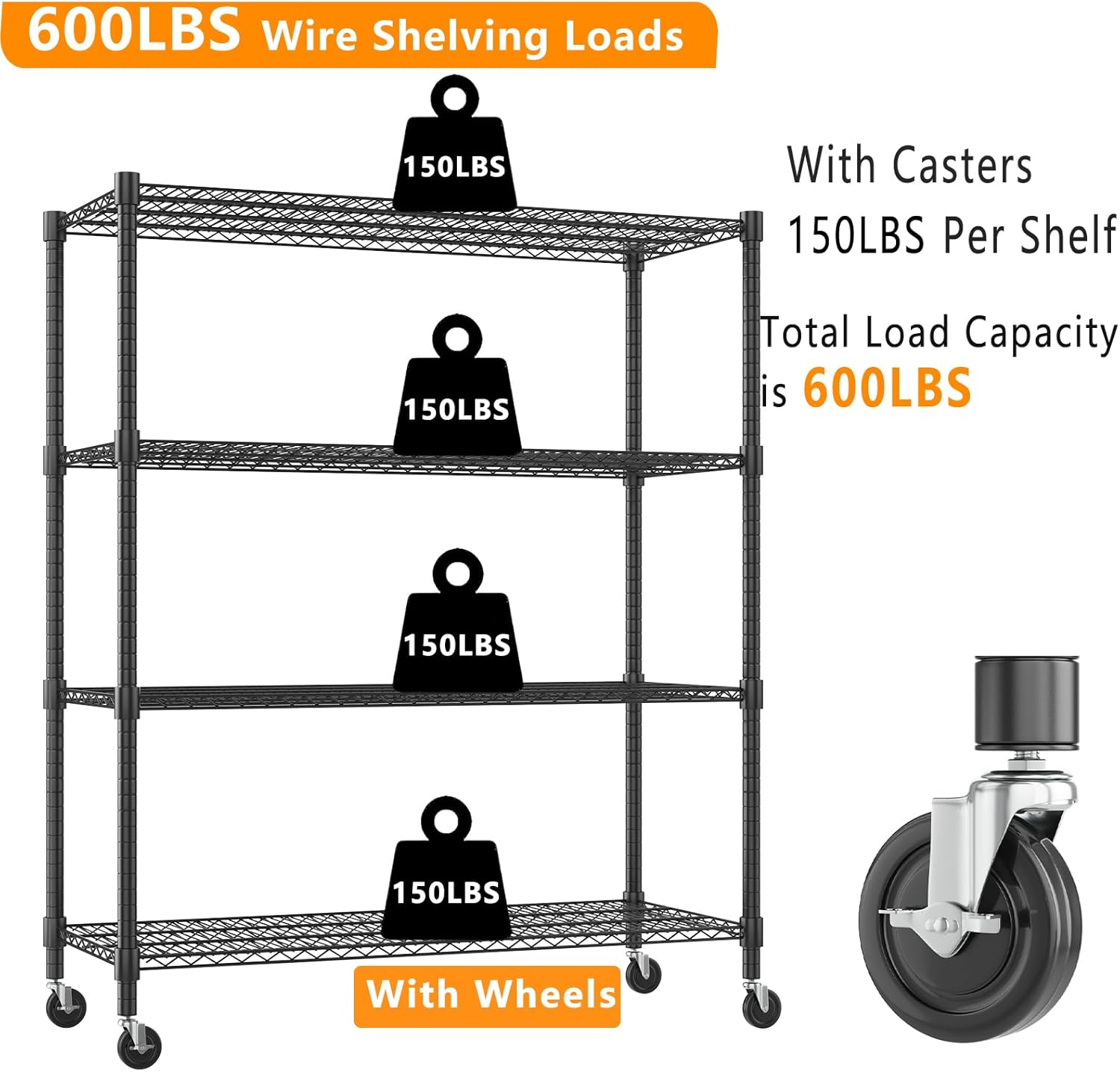 Himimi Storage Shelves 60" W Wire Shelving with Wheels 2600LBS Heavy Duty Metal Shelves for