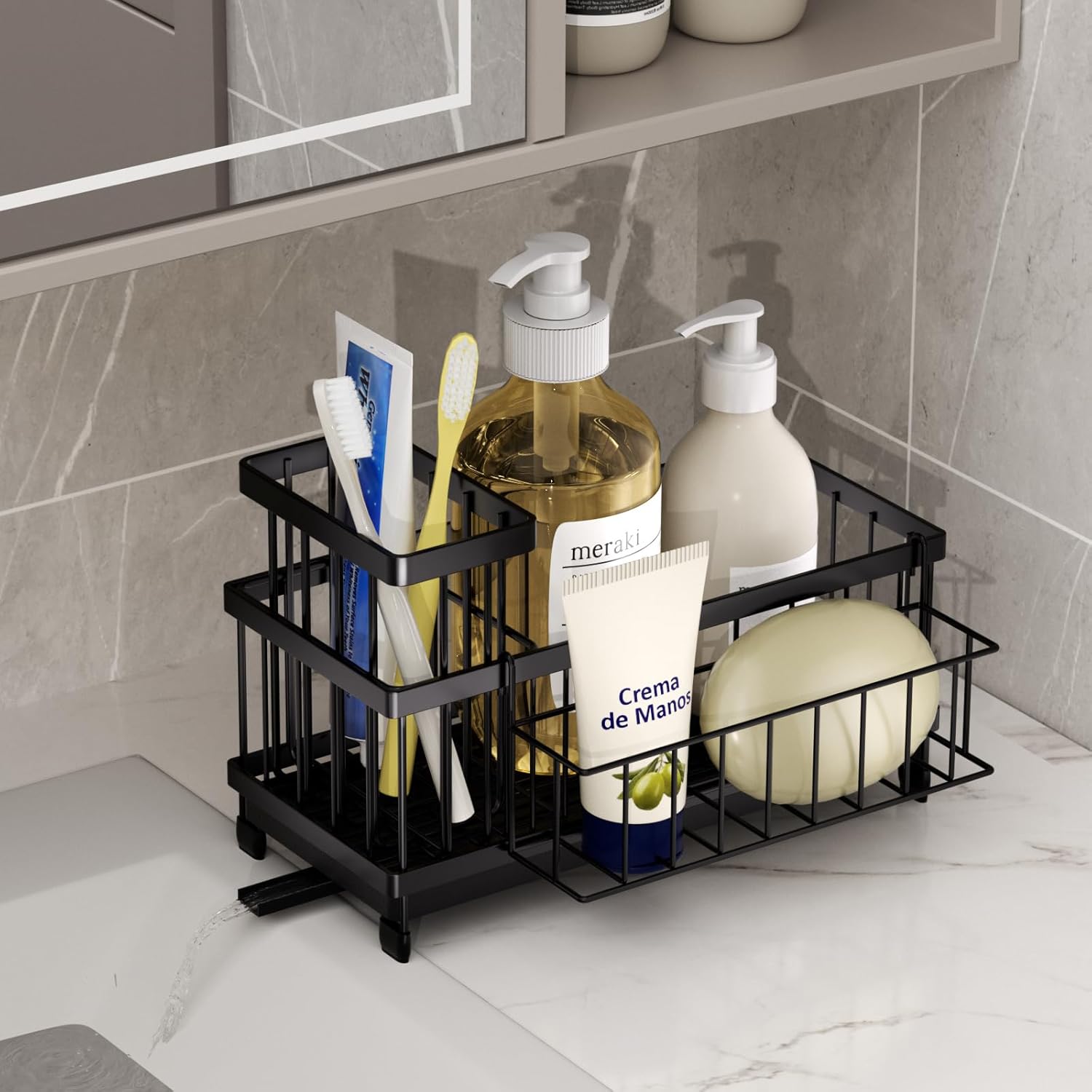 SWTYMIKI Sink Caddy Sponge Holder - Large Sponge Holder for Kitchen Sink with 360°Auto-Drain Tray