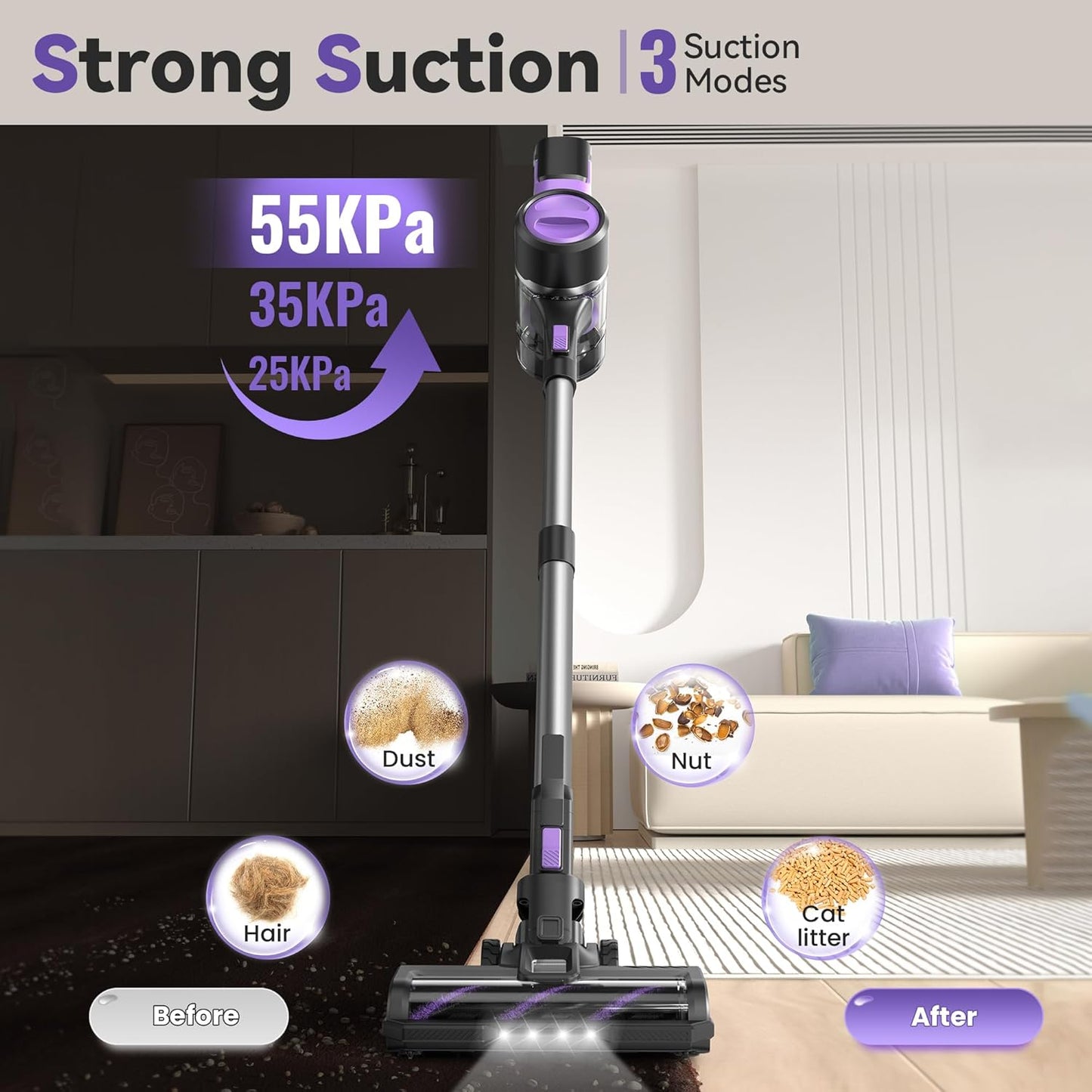 S10 Cordless Vacuum Cleaner, 55Kpa 60mins Lightweight Stick Vacuum with Powerful Suction for Home