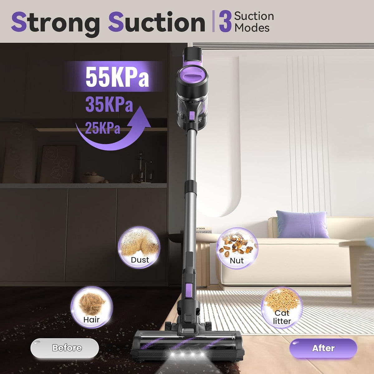 S10 Cordless Vacuum Cleaner, 55Kpa 60mins Lightweight Stick Vacuum with Powerful Suction for Home