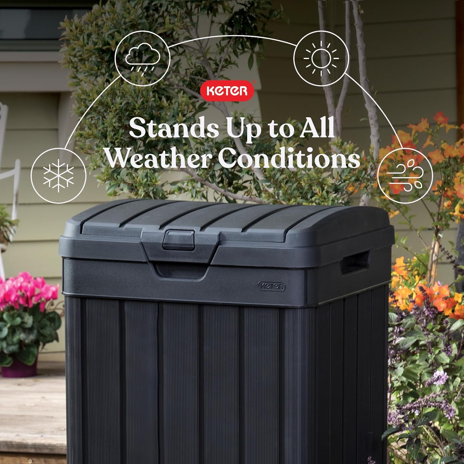Keter Baltimore Resin 38 Gallon Outdoor Kitchen Trash Can with Lid and Drip Tray for Easy