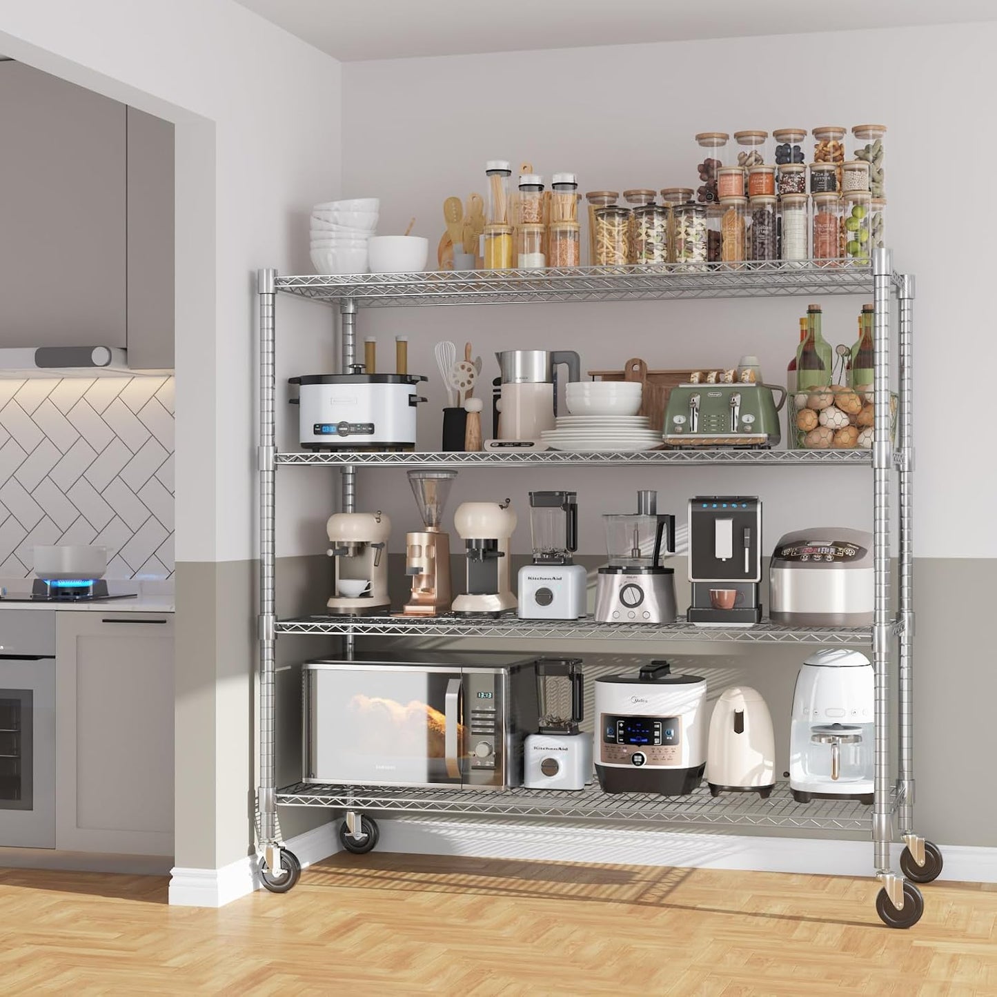 Himimi 72" H Storage Shelves 4 Tier Metal Shelving Adjustable Wire Shelf with Wheels, Heavy Duty