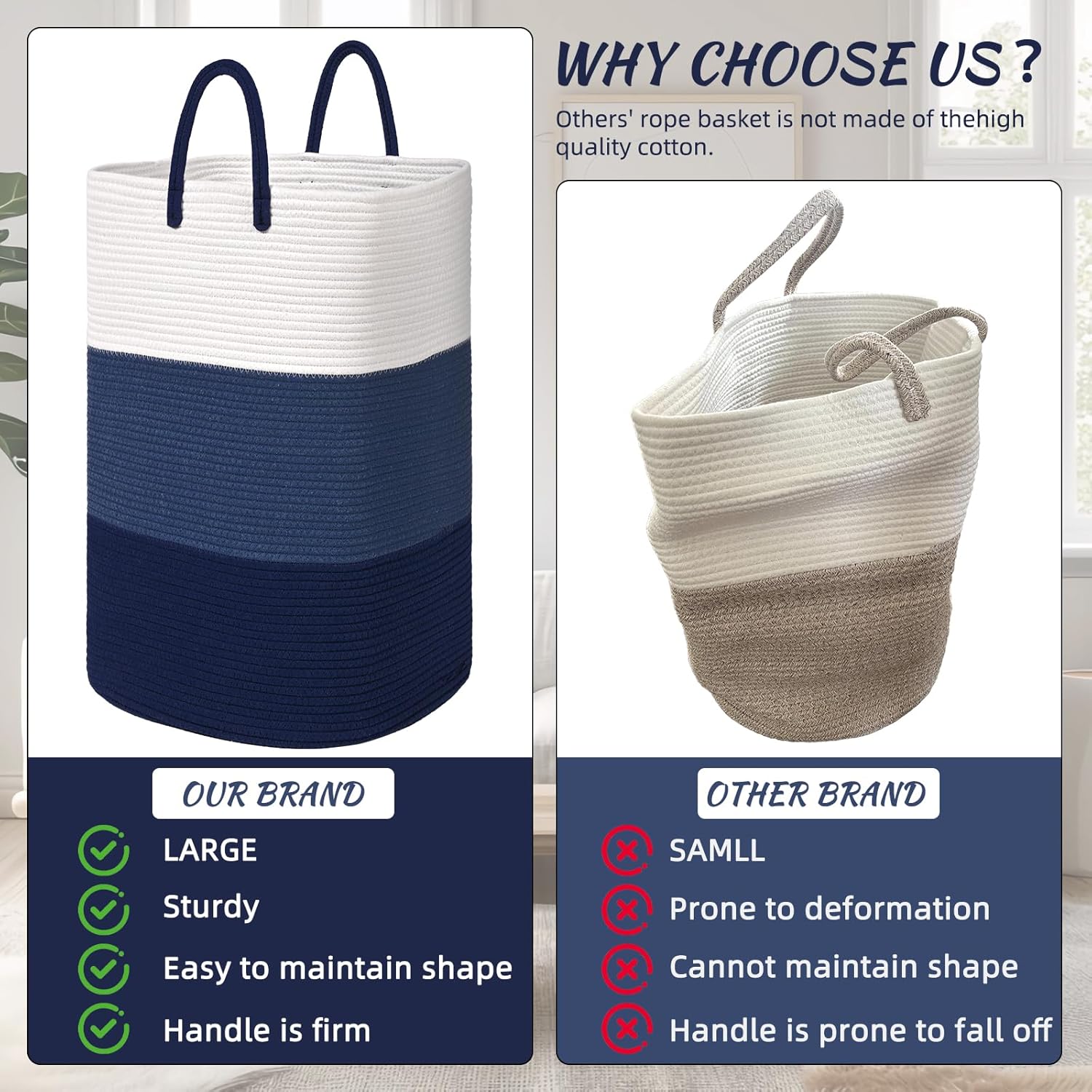 Woven Laundry Basket for Clothes,65 L Large Rectangle Laundry Hampers with Beads Tassel, Nursery