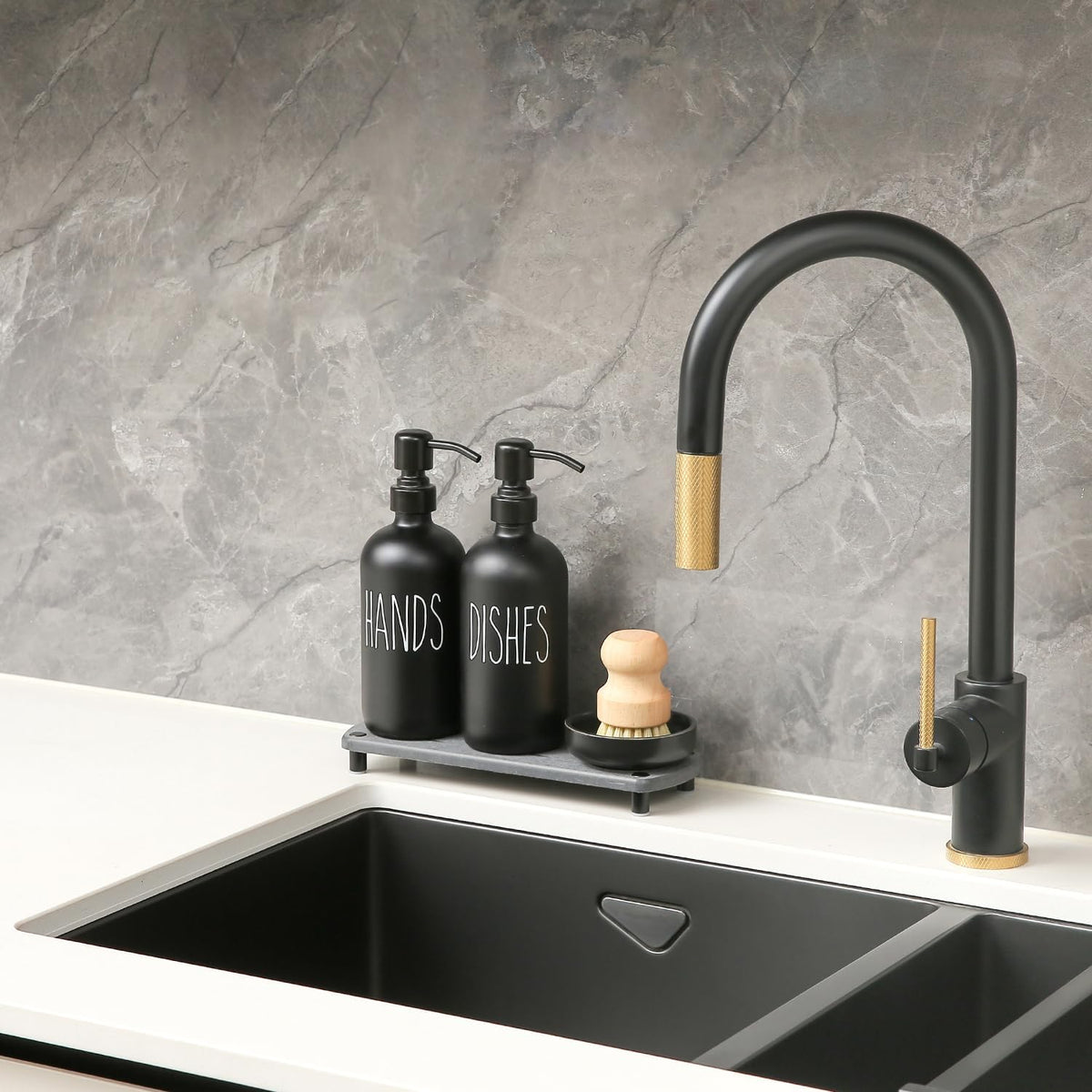 MOMEEMO Matte Black Soap Dispenser Set Comes with Stainless Steel Pumps, Instant Dry Tray, and Dish
