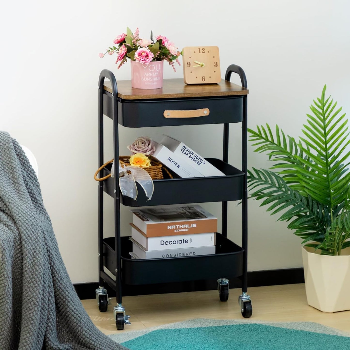 AGTEK Movable Rolling Organizer Cart with Drawer, 3 Tier Metal Utility Cart with Hanging Cups
