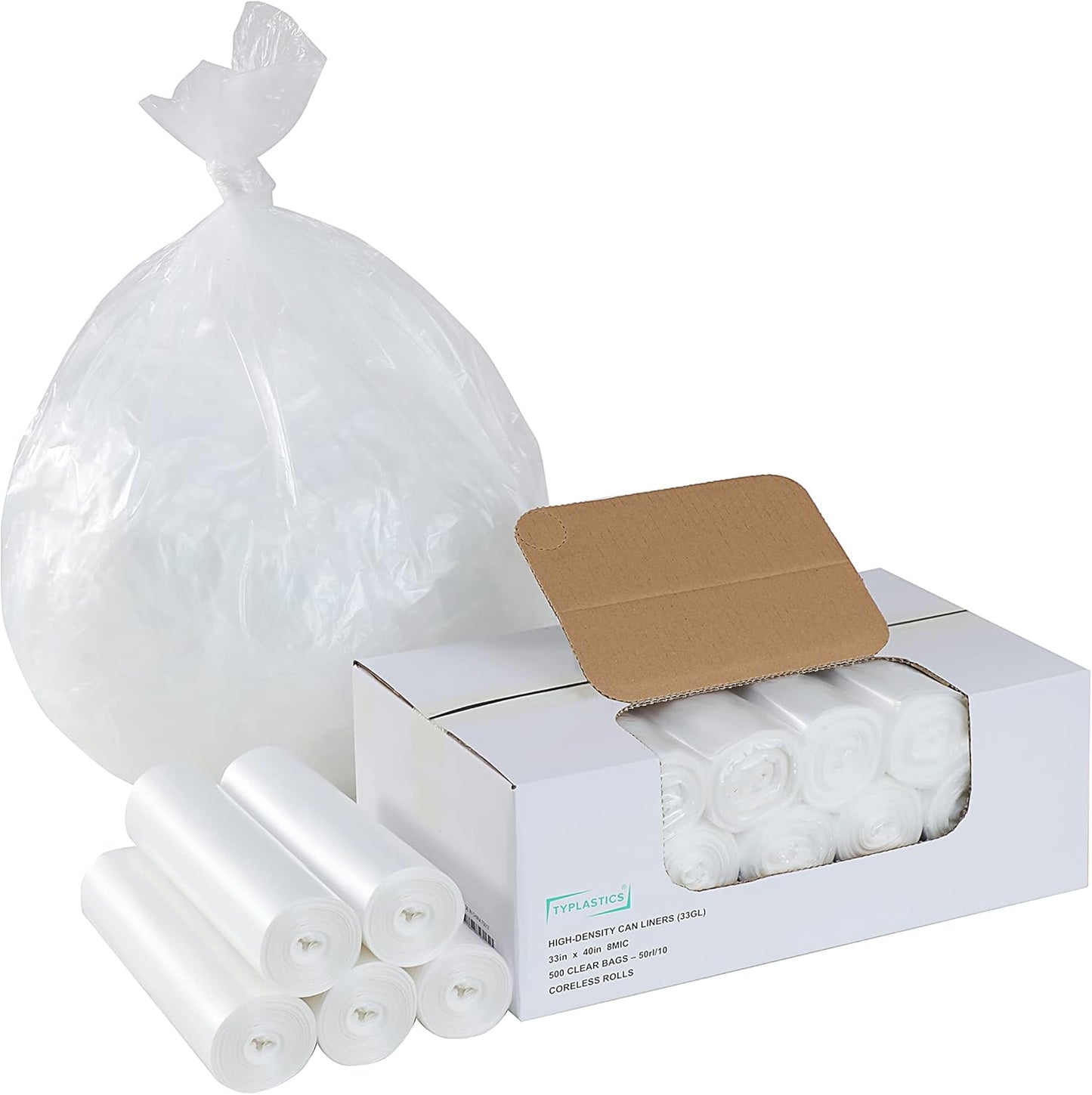 TYPLASTICS 33 Gallon Clear Trash Can Liners - 33" x 40" - High Density Garbage Bags - Case of 500