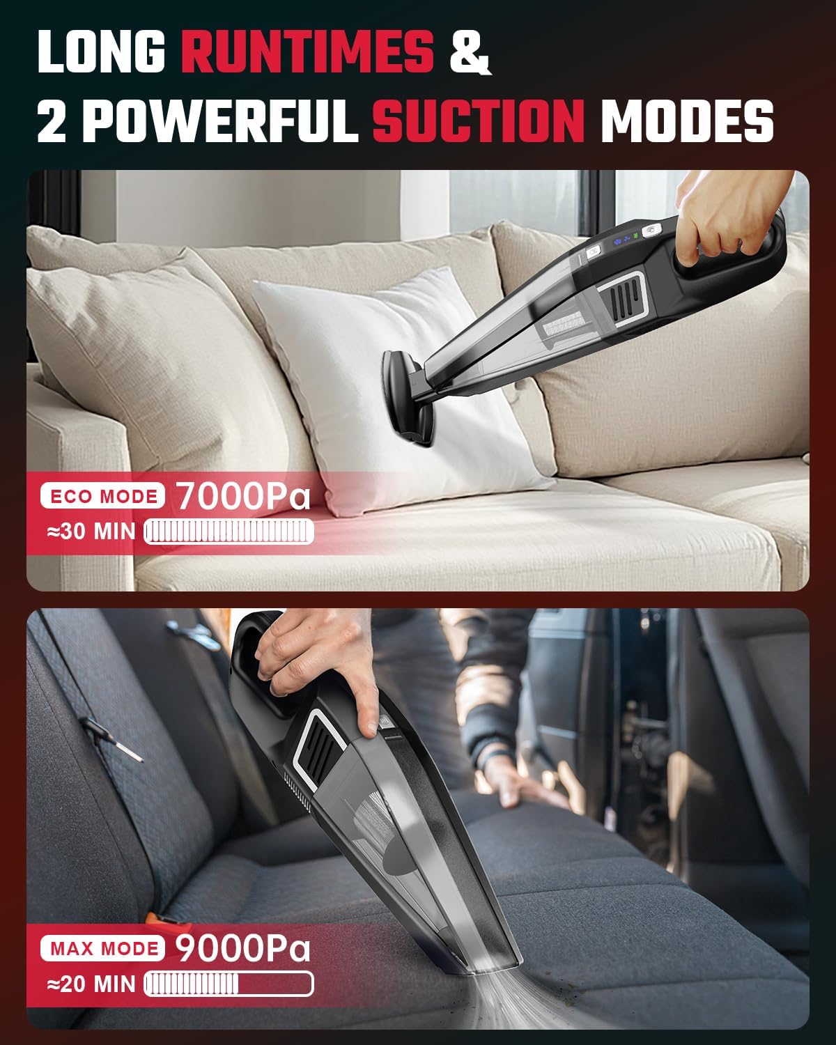 Handheld Vacuum Cordless, 9000PA Strong Suction, 2 Suction Modes, Fast Type-C Charging