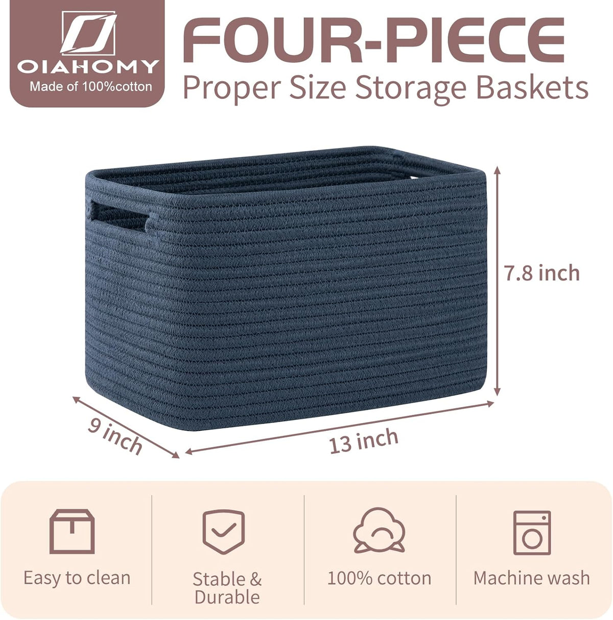 OIAHOMY 4 Pack Storage Baskets for Organizing, Cube Storage Bins for Shelves, Rectangle Storage