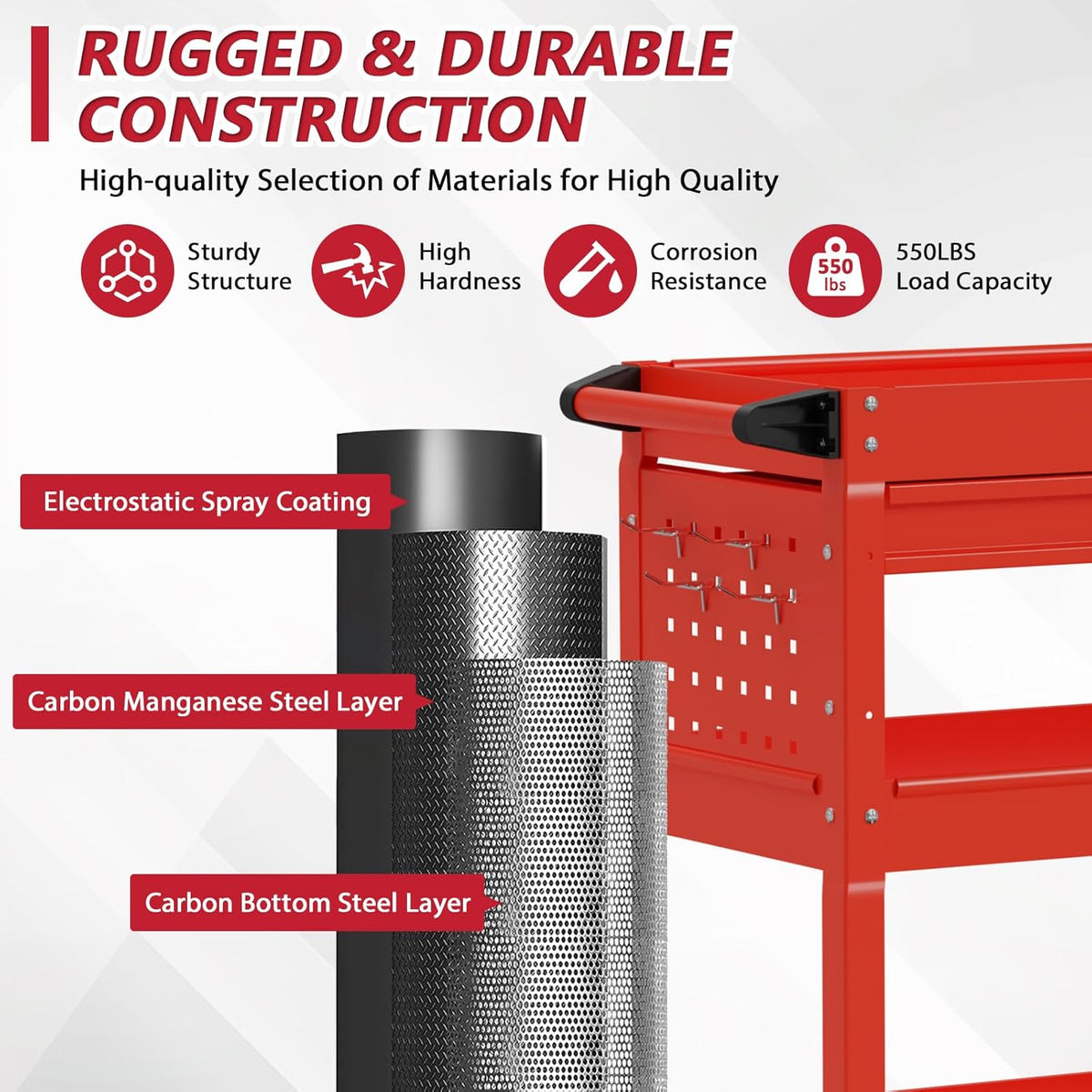 3 Tier Rolling Tool Cart on Wheels, Heavy Duty Service Cart Industrial Utility Cart with Drawer and