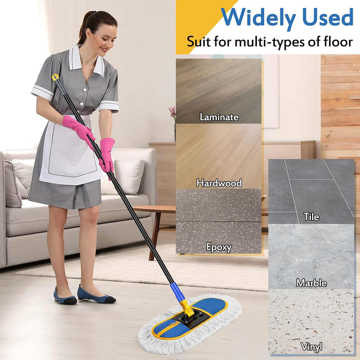 16 Inch Commercial Dust Mop for Floor Cleaning - Industrial Wet Dry Broom with 2 Washable Mops Pads