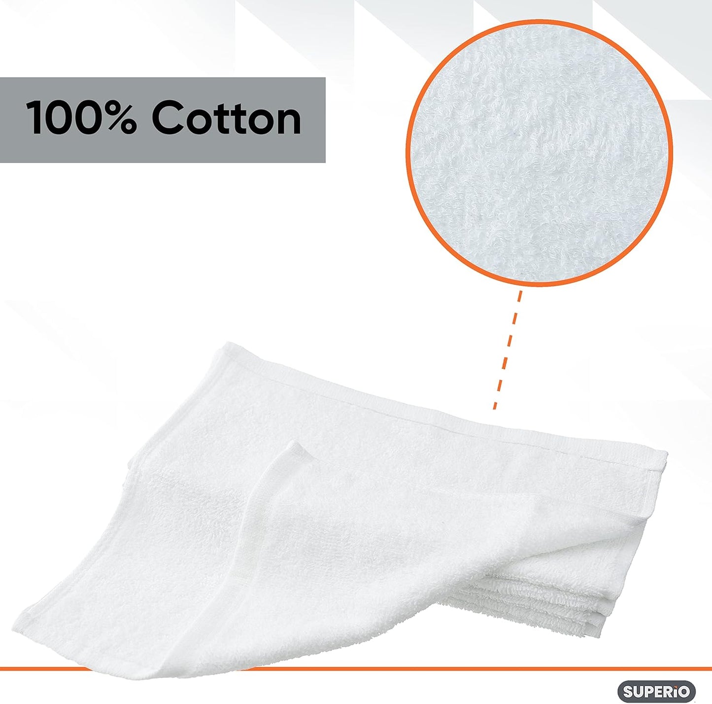 Superio Terry Cloth Rags White Washcloths 100% Cotton 12" Cleaning Cloths, Kitchen Towels, Facial