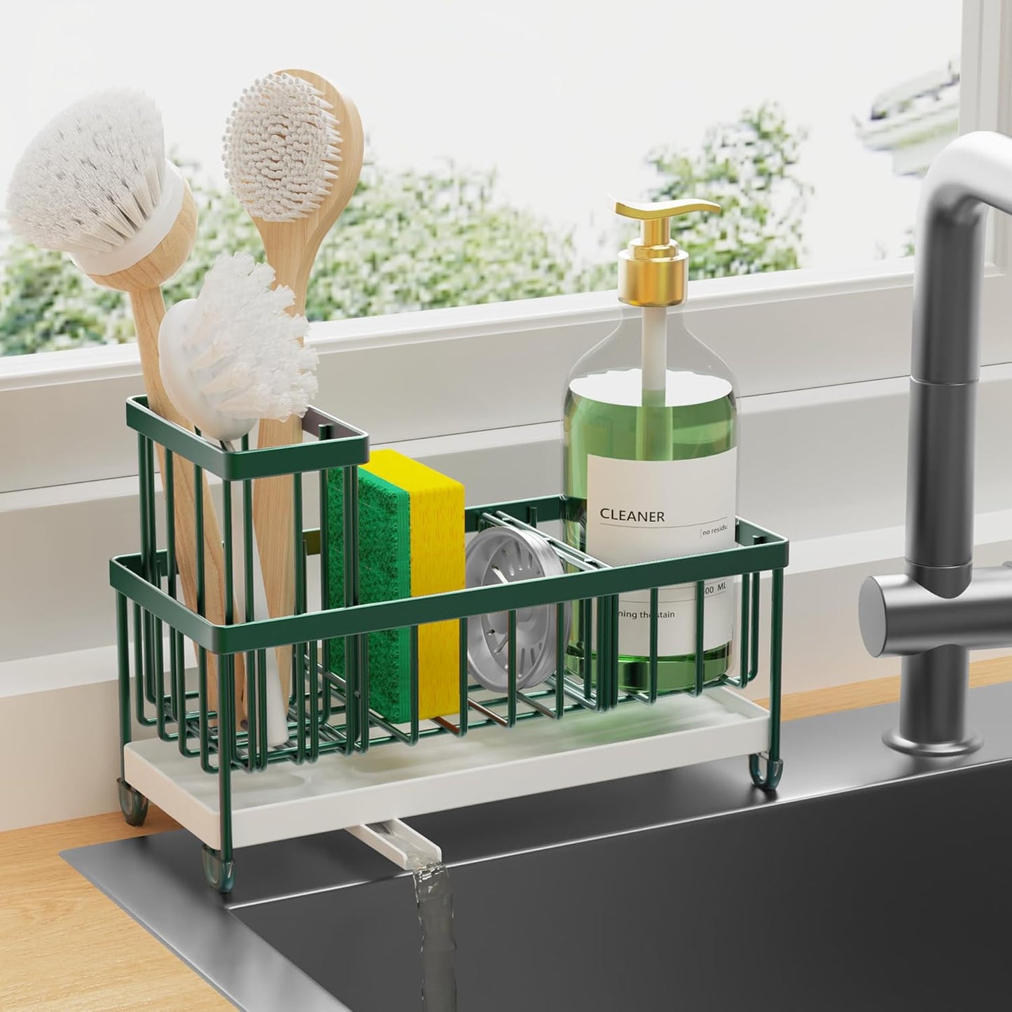 Cisily Sponge Holder for Kitchen Sink, Sink Caddy Organizer with High Brush Holder, Countertop