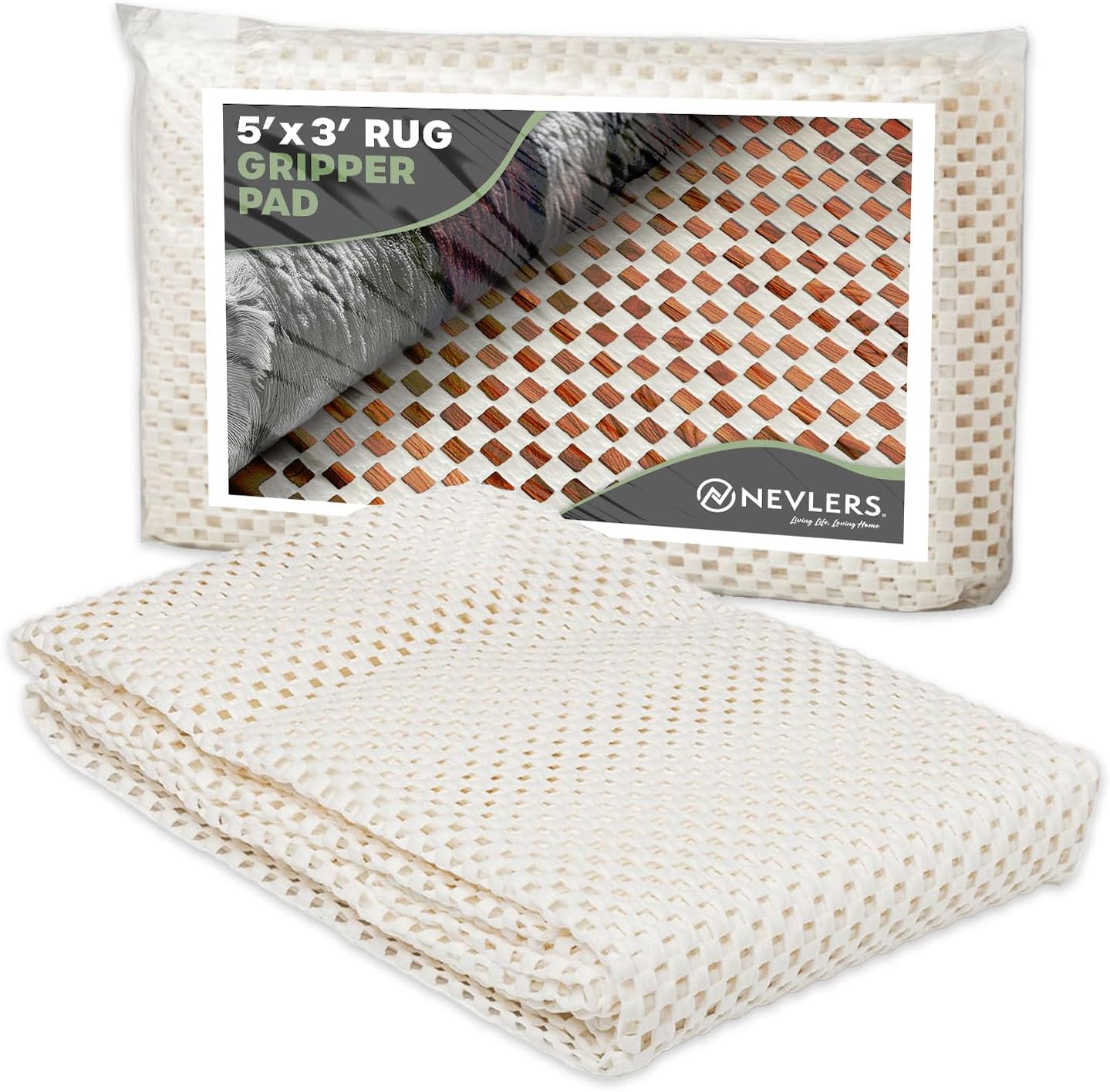 Nevlers Non Slip 3'x5' Rug Pads | White PVC Foam Rug Gripper for Hardwood Floors | Indoor/Outdoor