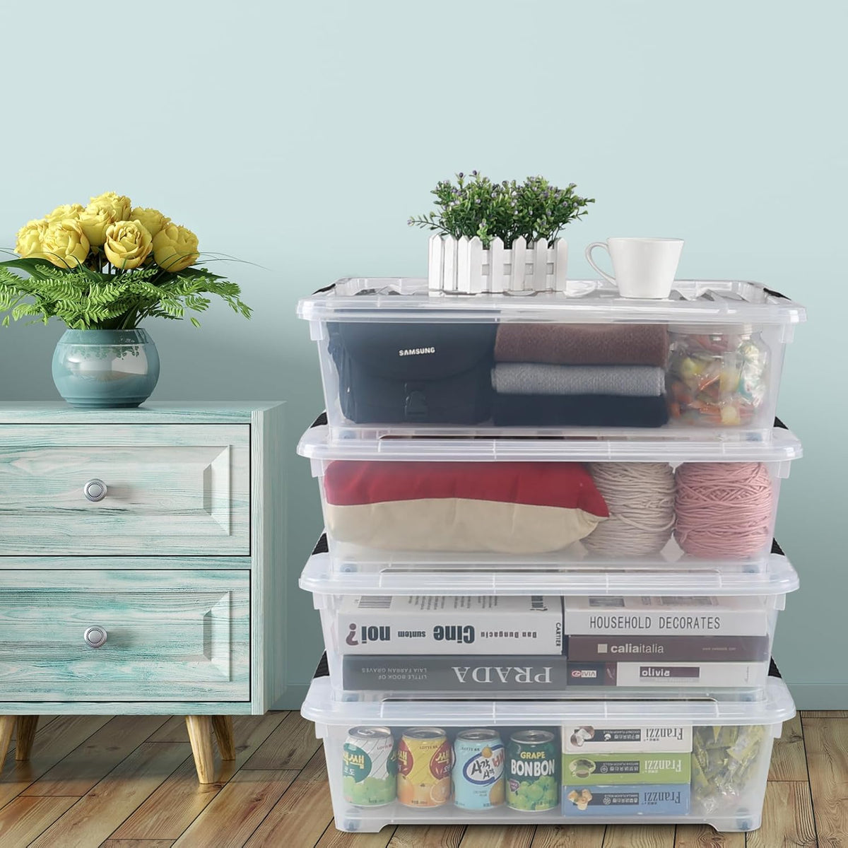 4-Pack 25 Quart Under Bed Plastic Storage Bins, Clear Under Bed Storage Box Container with Wheels