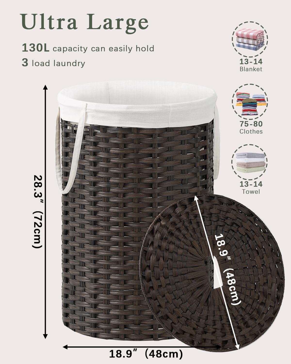 Large Laundry Hamper Laundry Basket Round 34.3 Gal (130 L) Handwoven Wicker Laundry Baskets Rattan