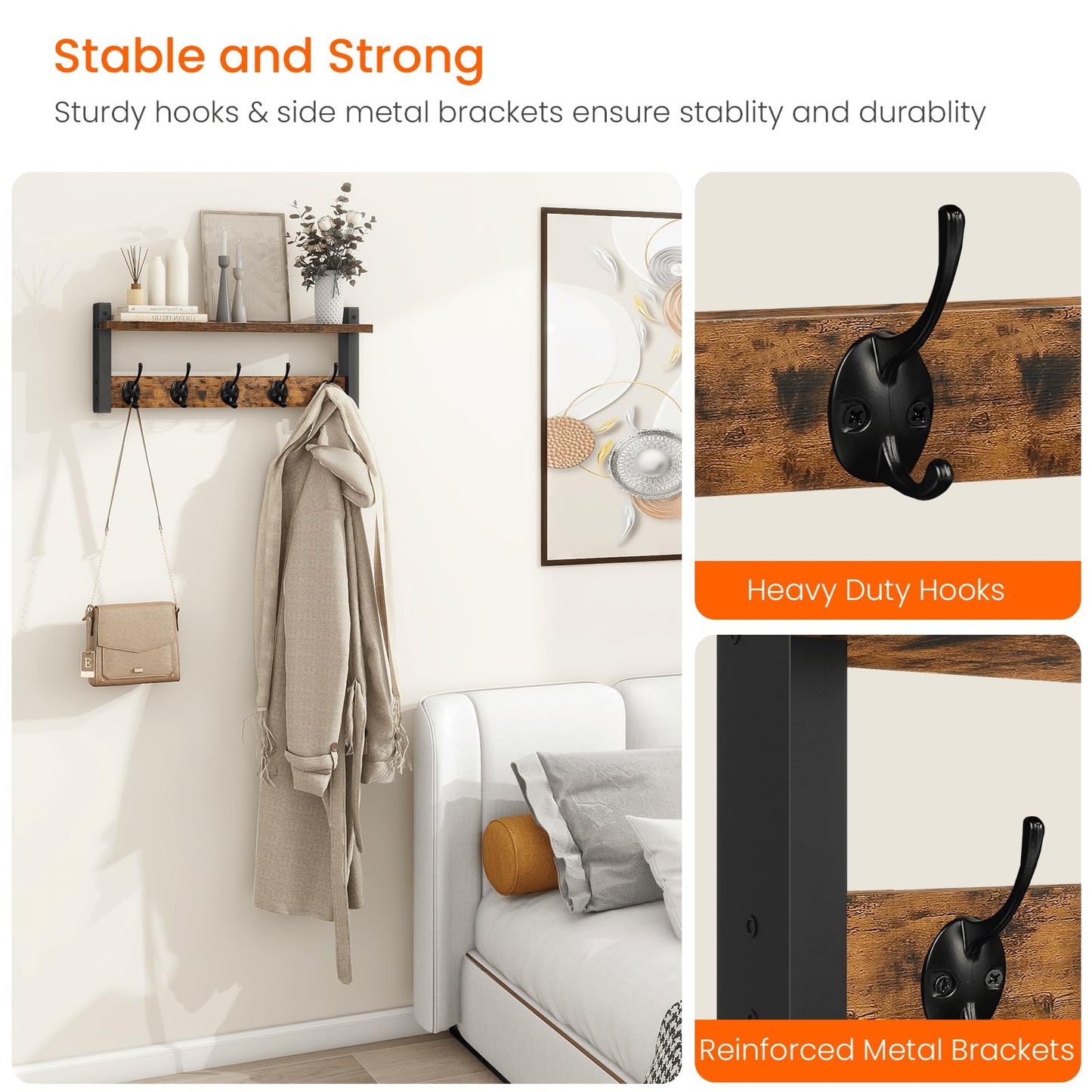 Homode Wall Hooks with Shelf, Wood Coat Rack with Shelf Wall-Mounted, Entryway Hanging Shelves with