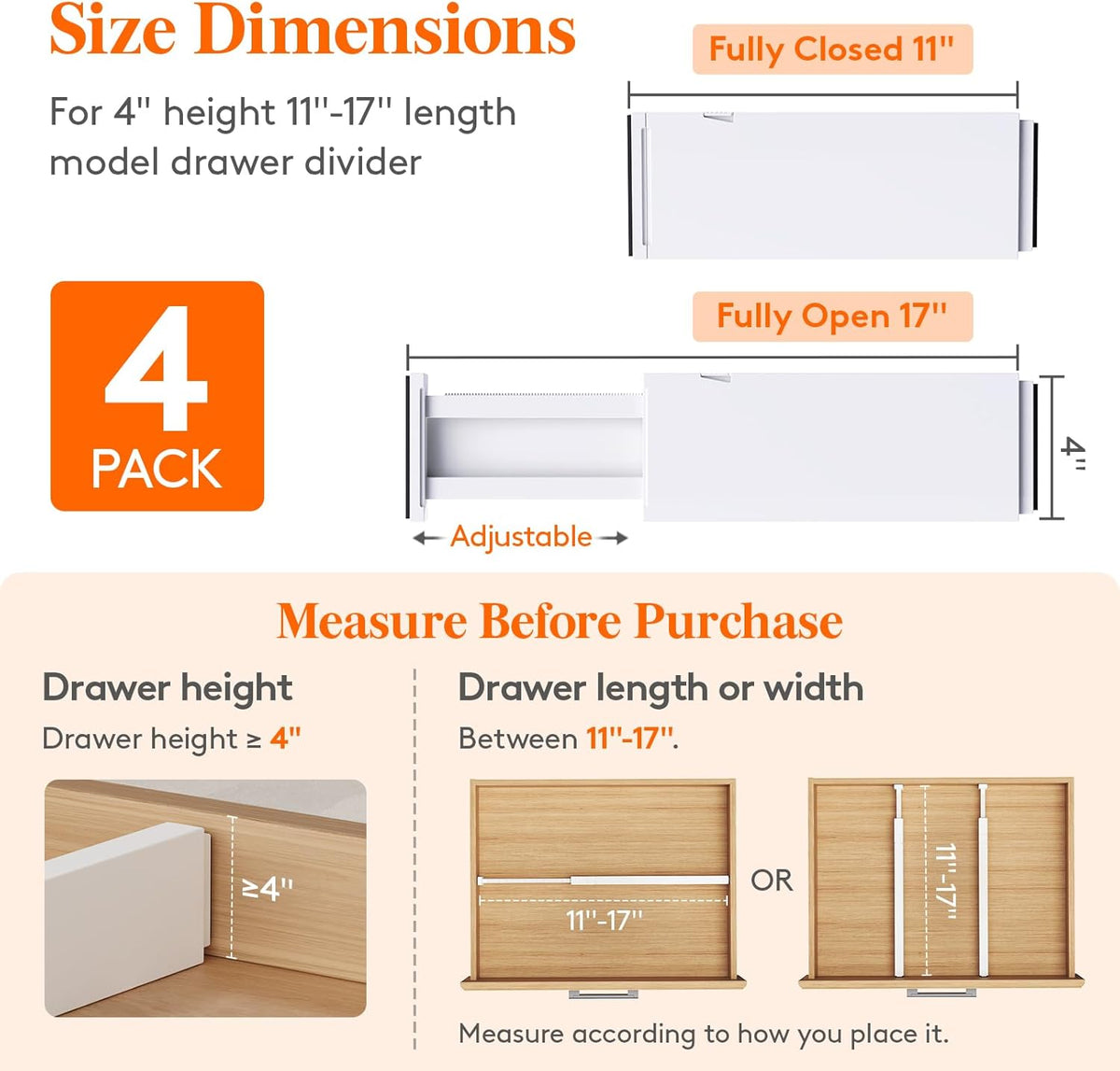 Lifewit 4 Pack Drawer Divider 4" High,11-17" Drawer Dividers for Clothes, Adjustable Clothing