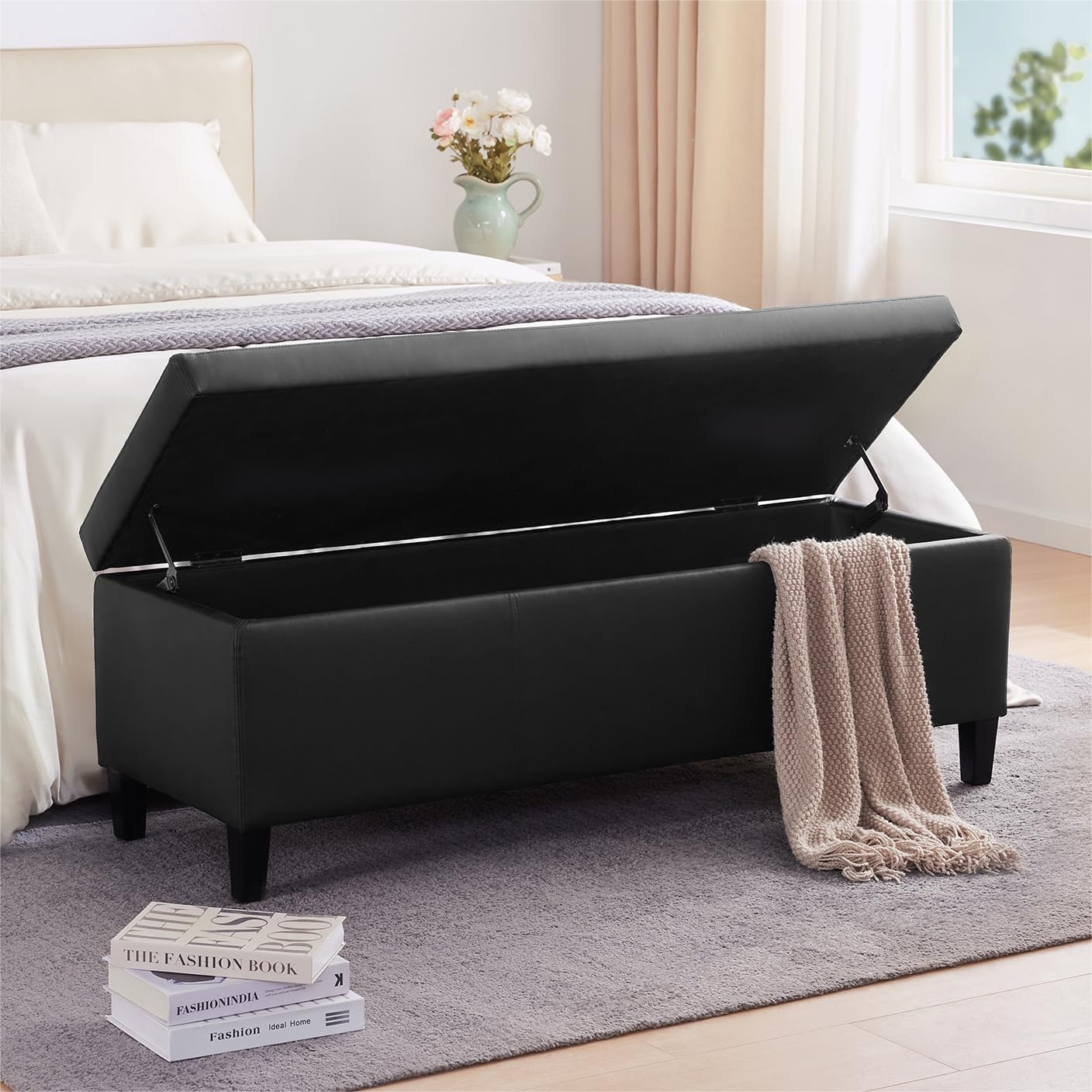 HUIMO Faux Leather Storage Ottoman Bench 50.3 Inch Extra Long PU Upholstered Bedroom Bench with