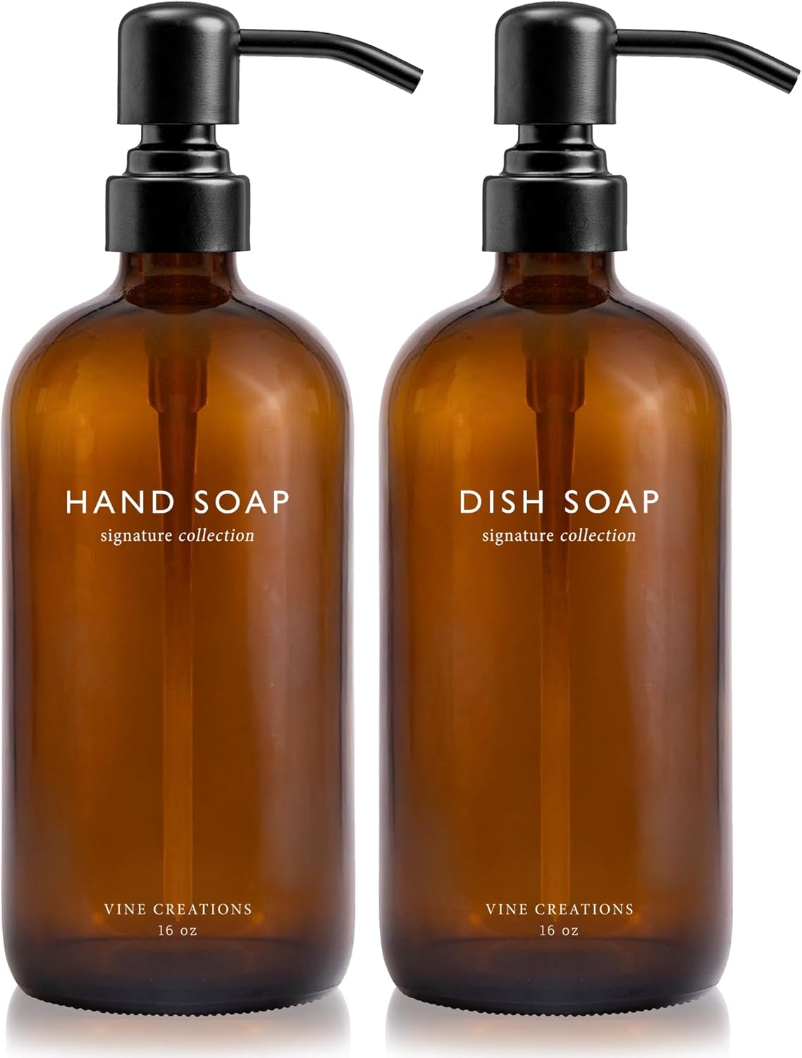 Vine Creations Amber Glass Soap Dispenser Set, Dish Soap and Hand Soap Dispenser Set with Stainless