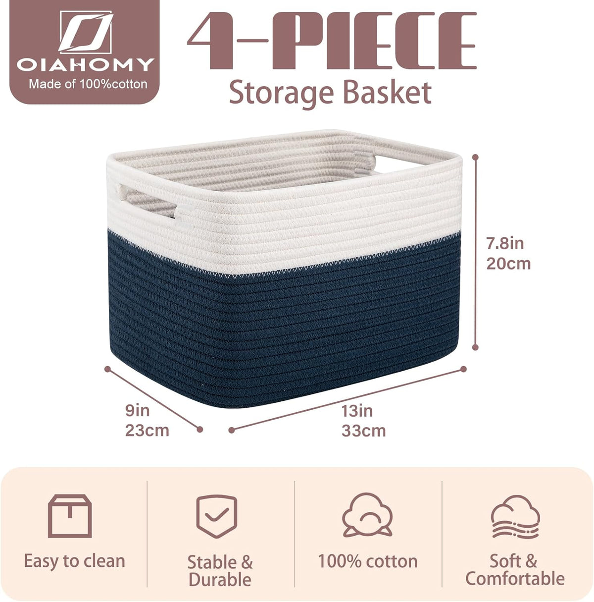 OIAHOMY 4 Pack Storage Baskets for Organizing, Basket for Shelves with Handle, Woven Baskets for