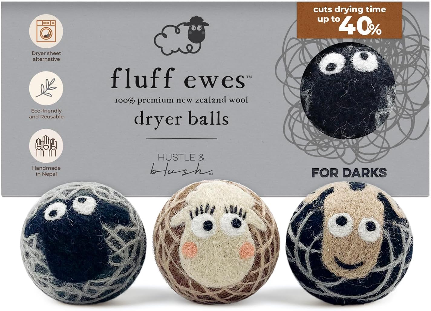 Fluff Ewes Wool Dryer Balls 3 Pack Premium New Zealand Wool Laundry Balls for Dryer, No Static