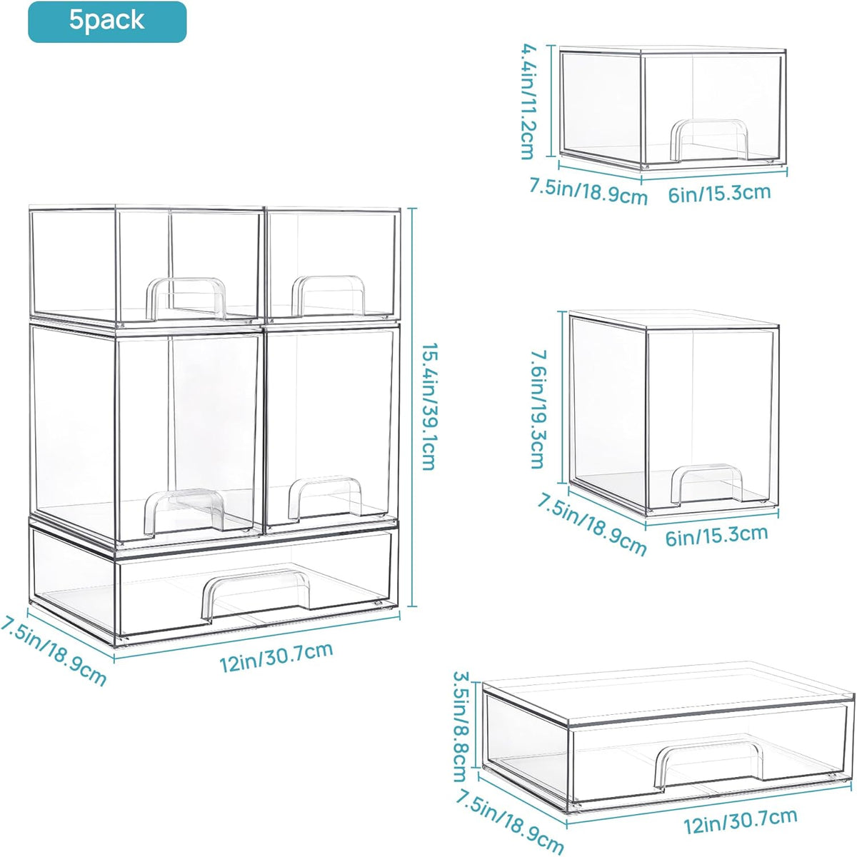 Vtopmart Stackable Storage Drawers Set of 8, Clear Plastic Organizer Bins for Bathroom