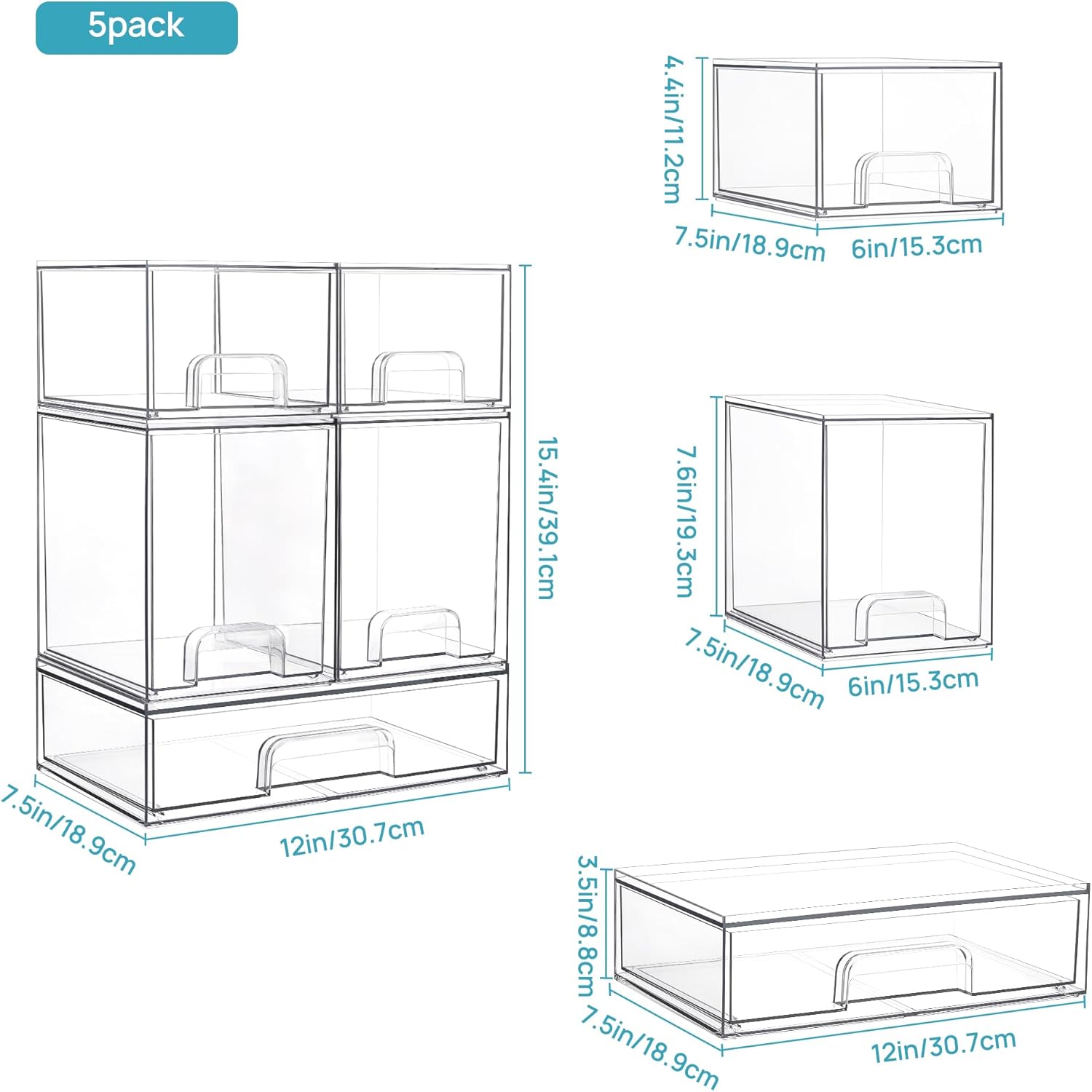 Vtopmart Stackable Storage Drawers Set of 8, Clear Plastic Organizer Bins for Bathroom