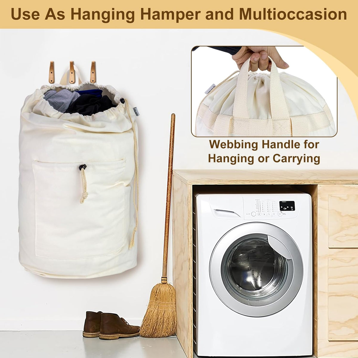 Laundry Bag Backpack, Canvas Laundry Bag with Straps & Drawstring Closure Washable Dirty Cloth